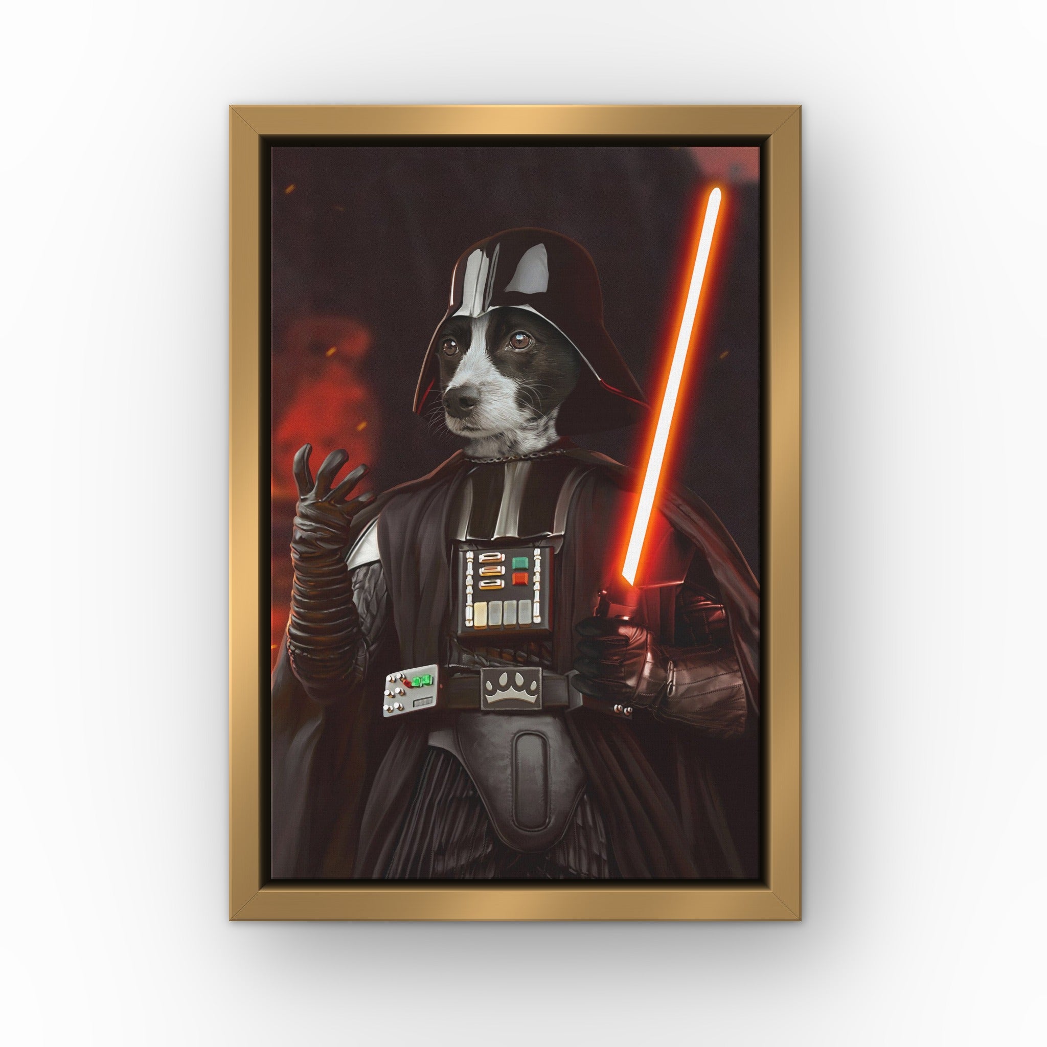 The Sci Fi Lord custom pet canvas in a gold floating frame