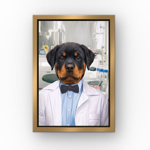 The Scientist custom pet canvas in a gold floating frame