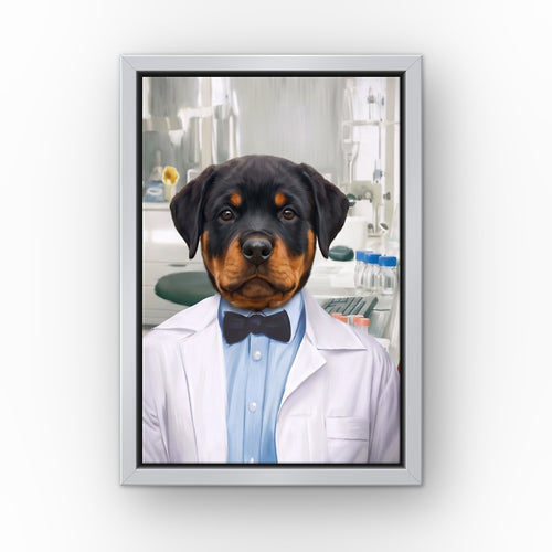 The Scientist custom pet canvas in a silver floating frame