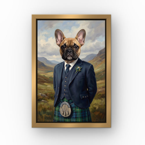 The Scottish Highlander custom pet canvas in a gold floating frame