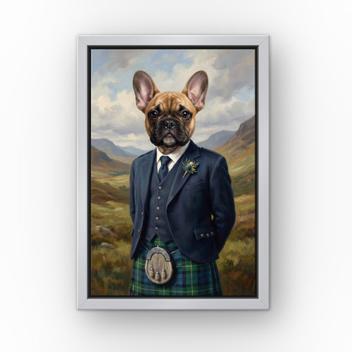 The Scottish Highlander custom pet canvas in a silver floating frame