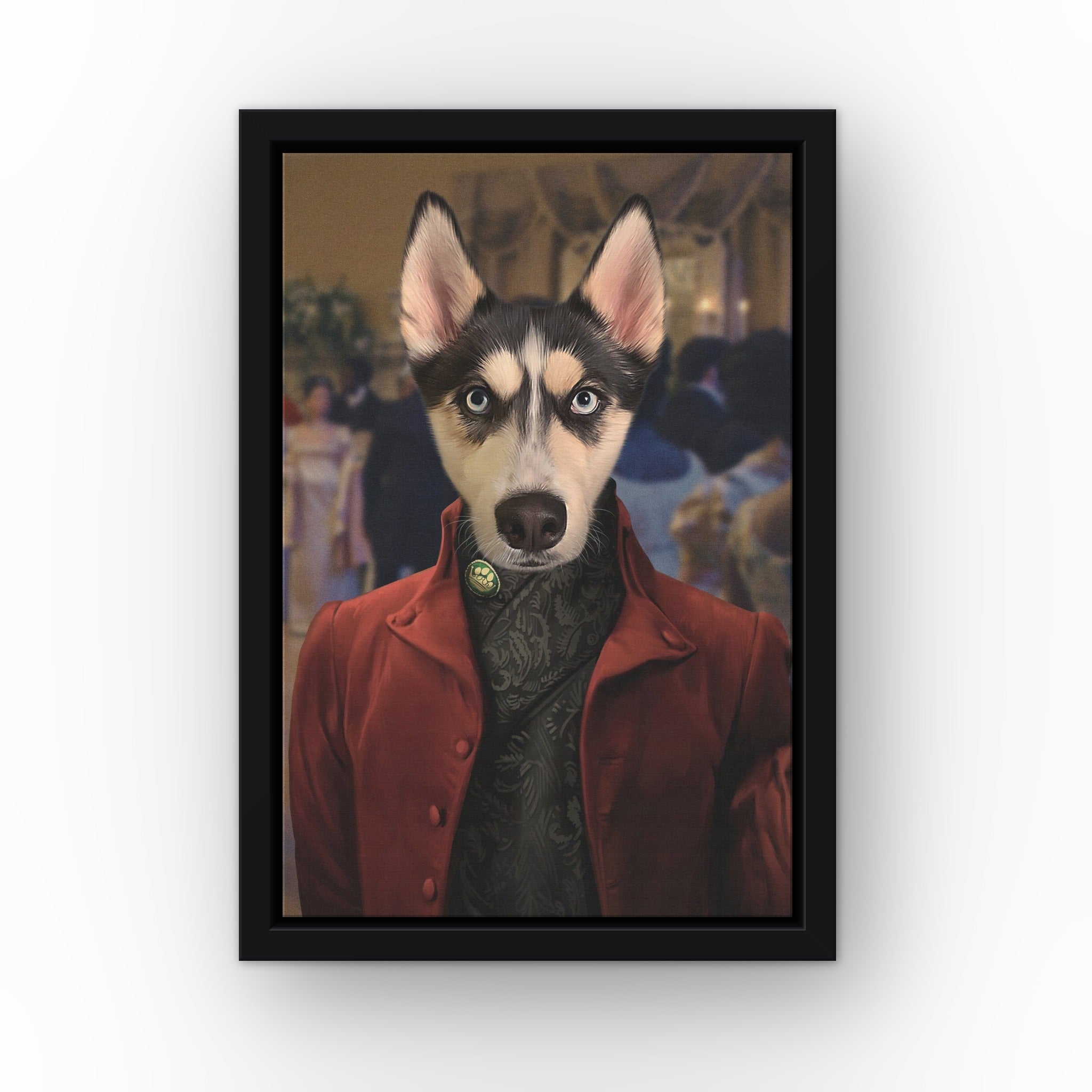 The Simon custom pet canvas in a black floating frame
