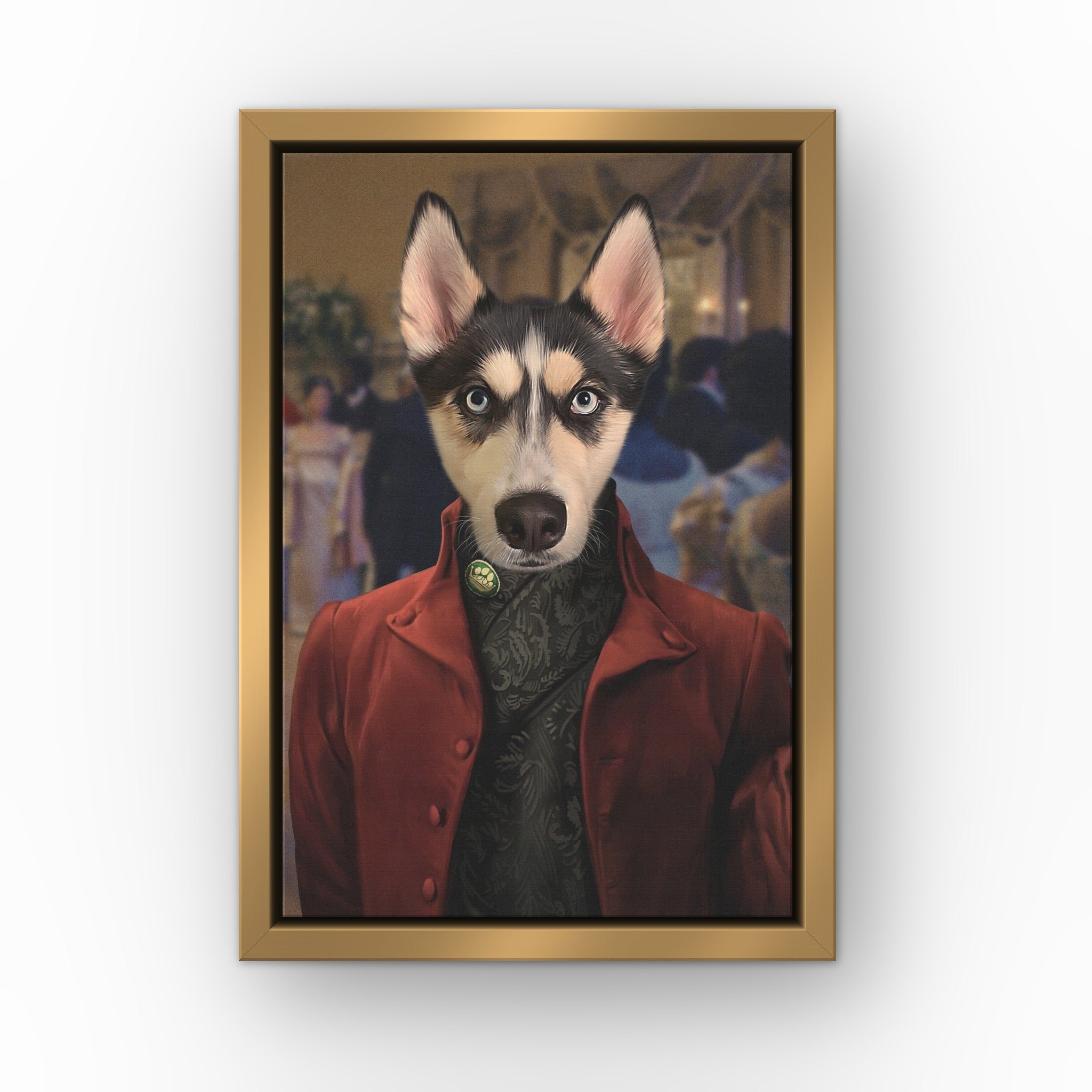 The Simon custom pet canvas in a gold floating frame