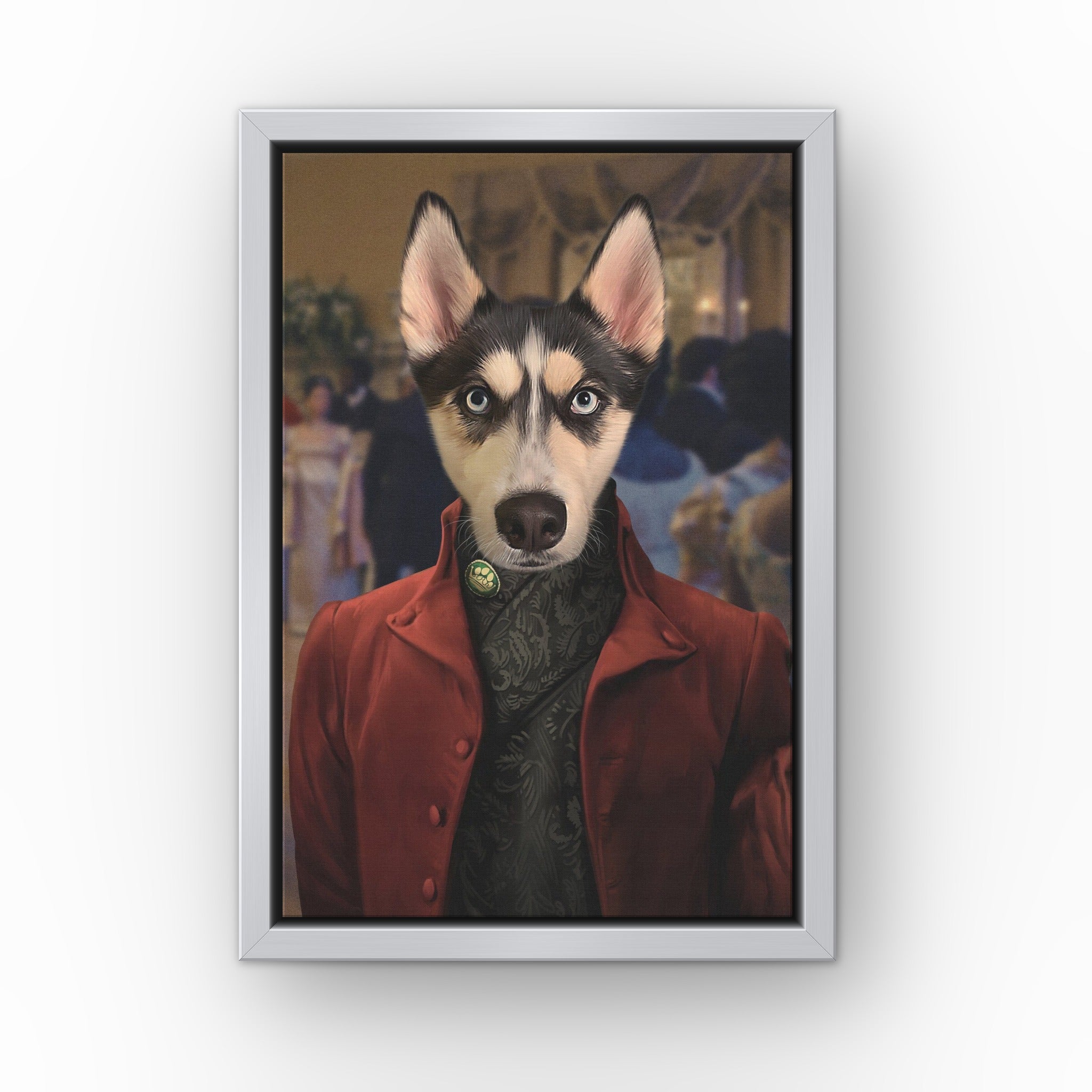 The Simon custom pet canvas in a silver floating frame