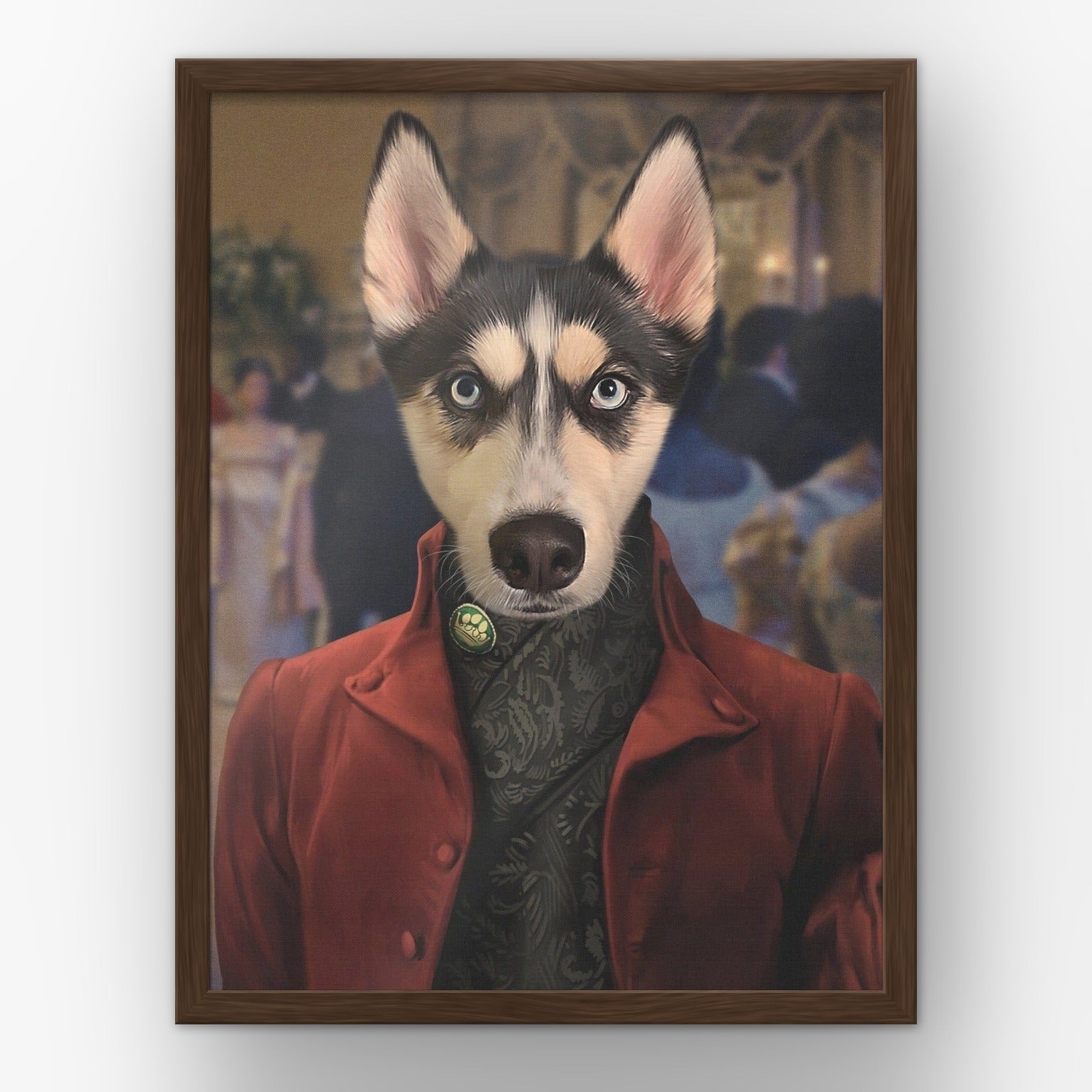The Simon custom pet poster in a walnut frame