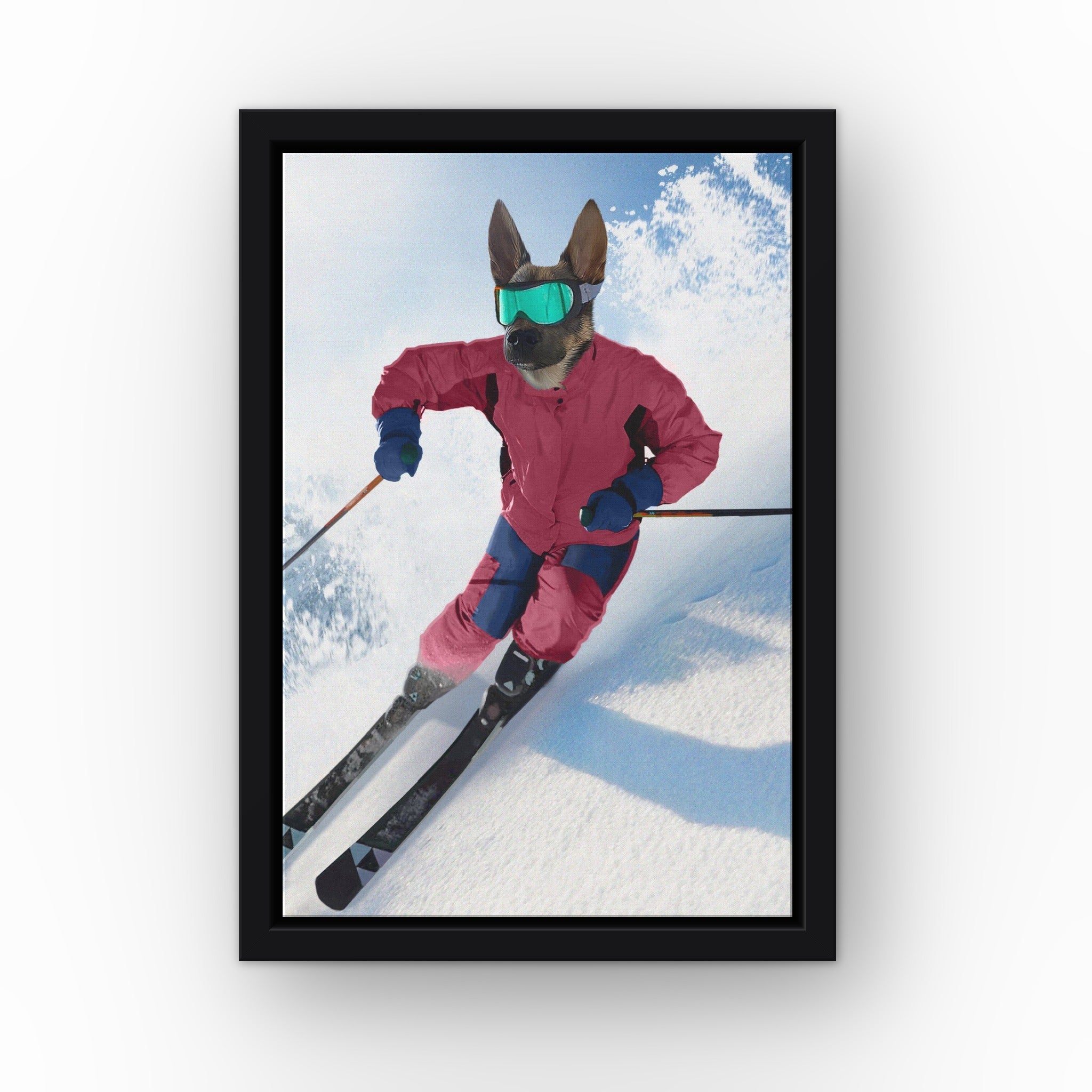 The Skiier custom pet canvas in a black floating frame