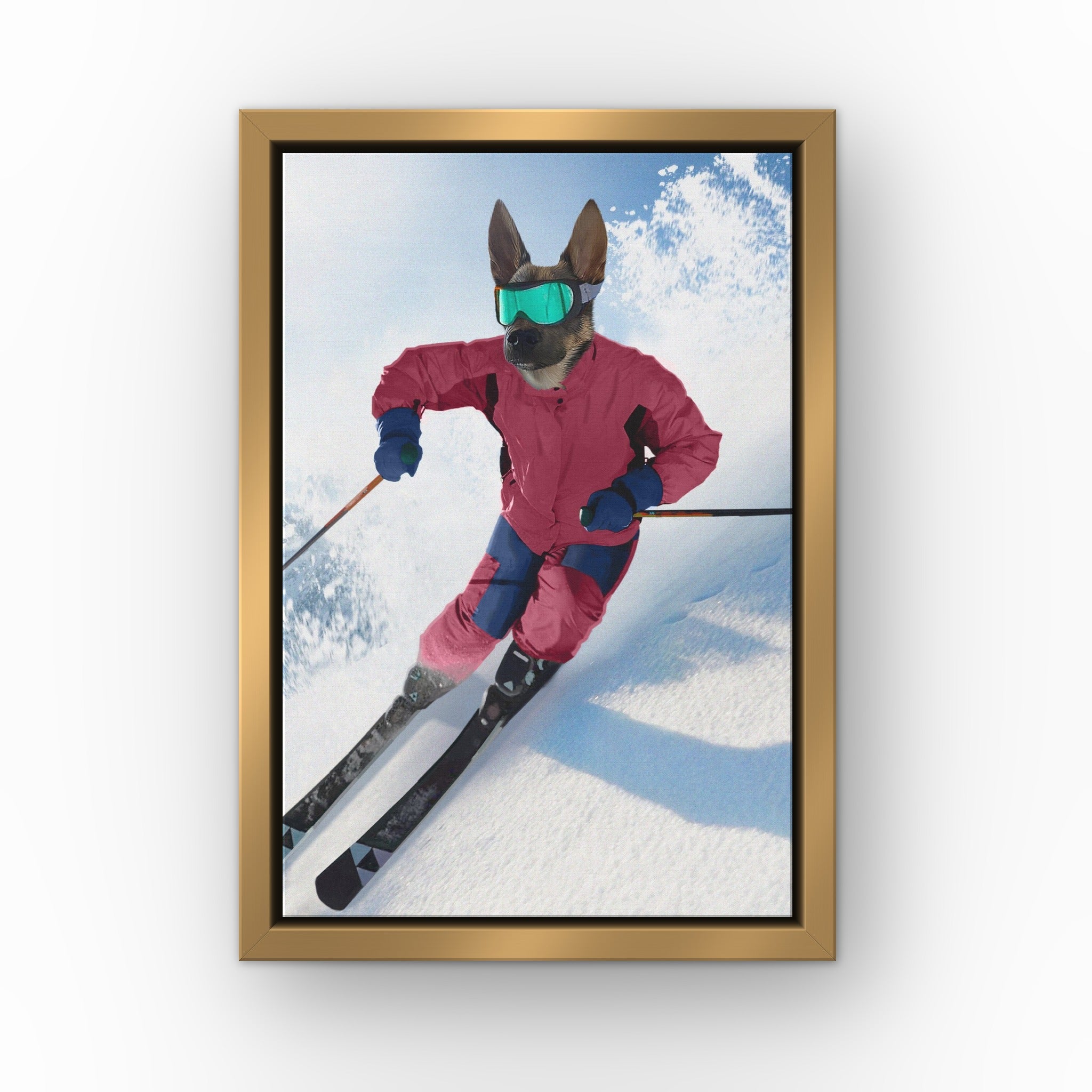 The Skiier custom pet canvas in a gold floating frame
