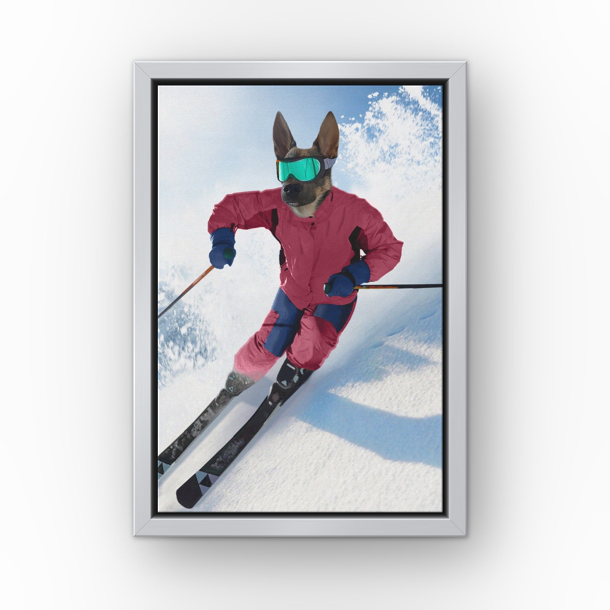 The Skiier custom pet canvas in a silver floating frame