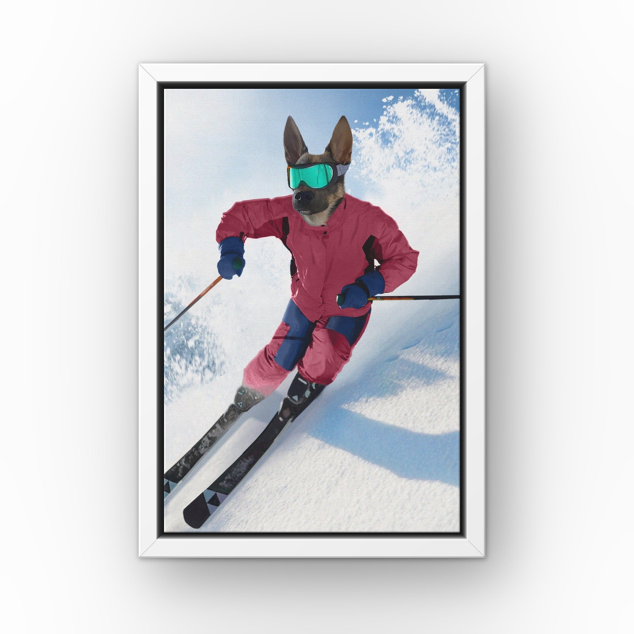 The Skiier custom pet canvas in a white floating frame