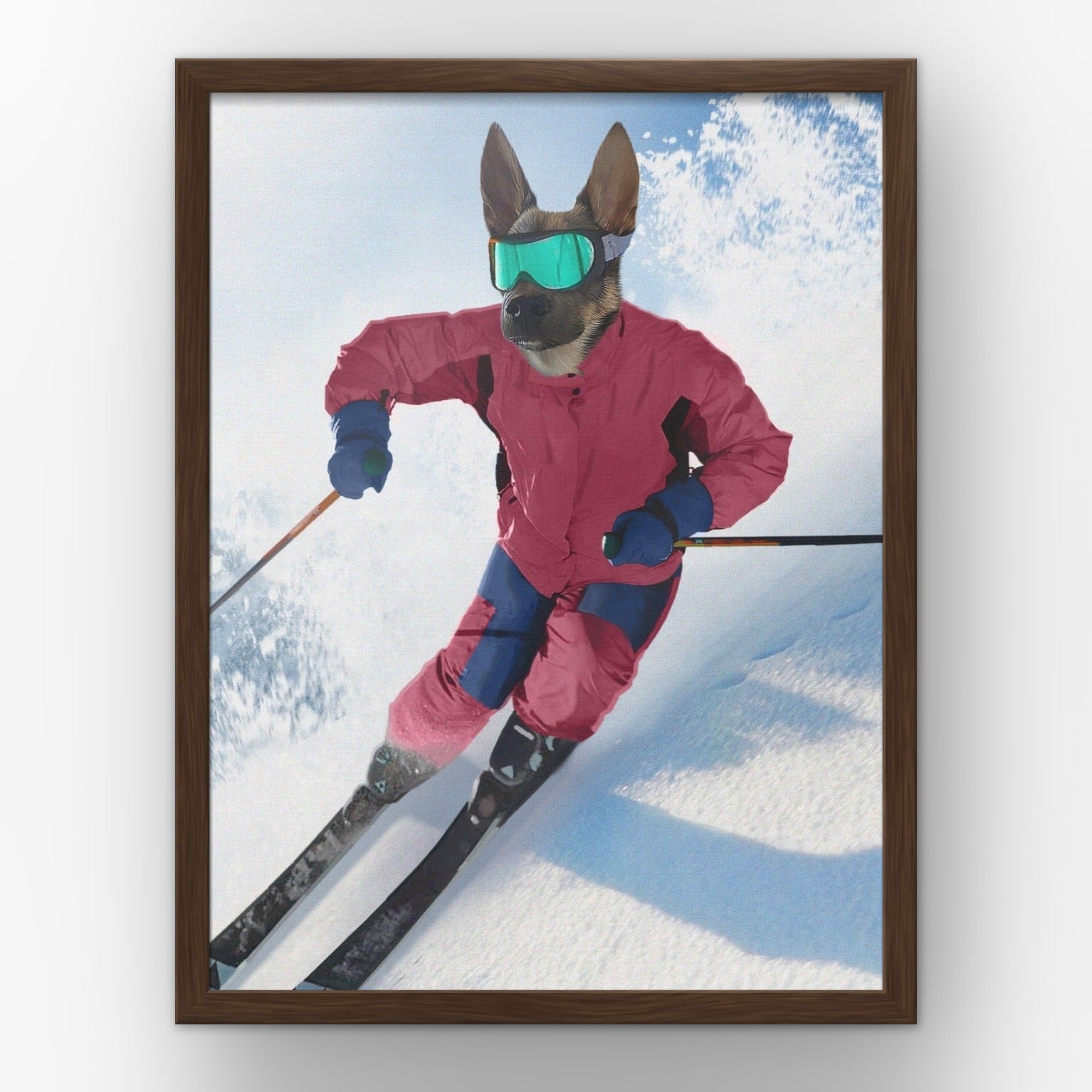 The Skiier custom pet poster in a walnut frame