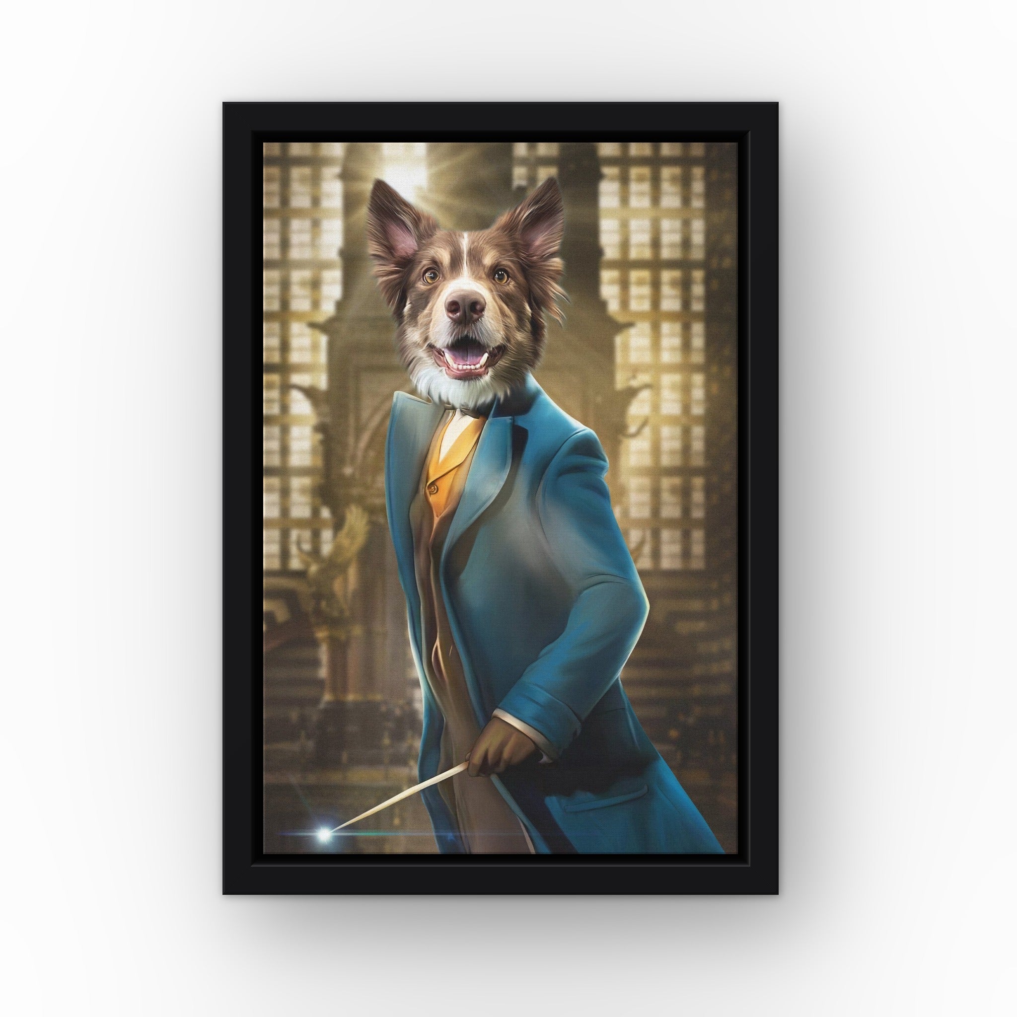 The Smart Wizard custom pet canvas in a black floating frame