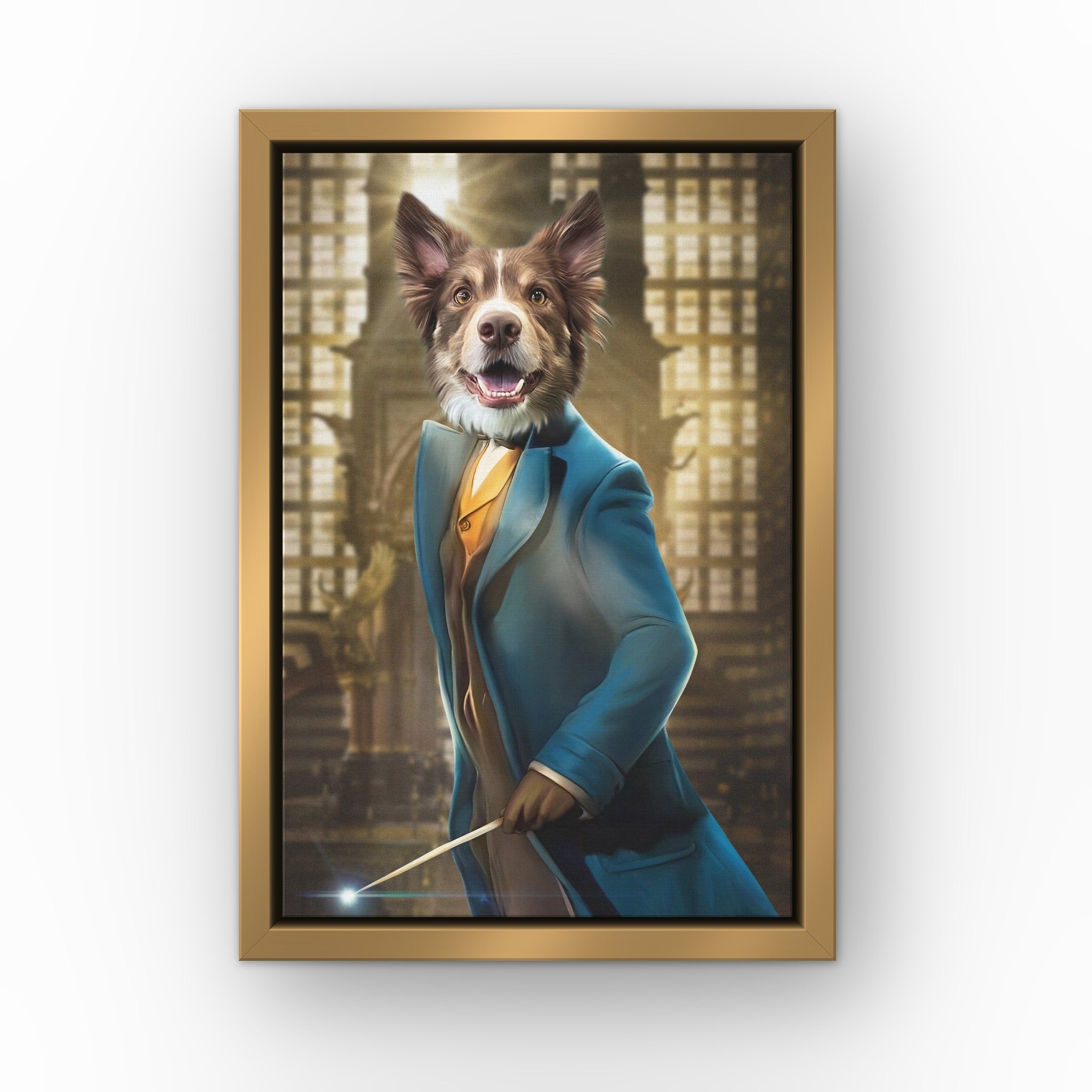The Smart Wizard custom pet canvas in a gold floating frame
