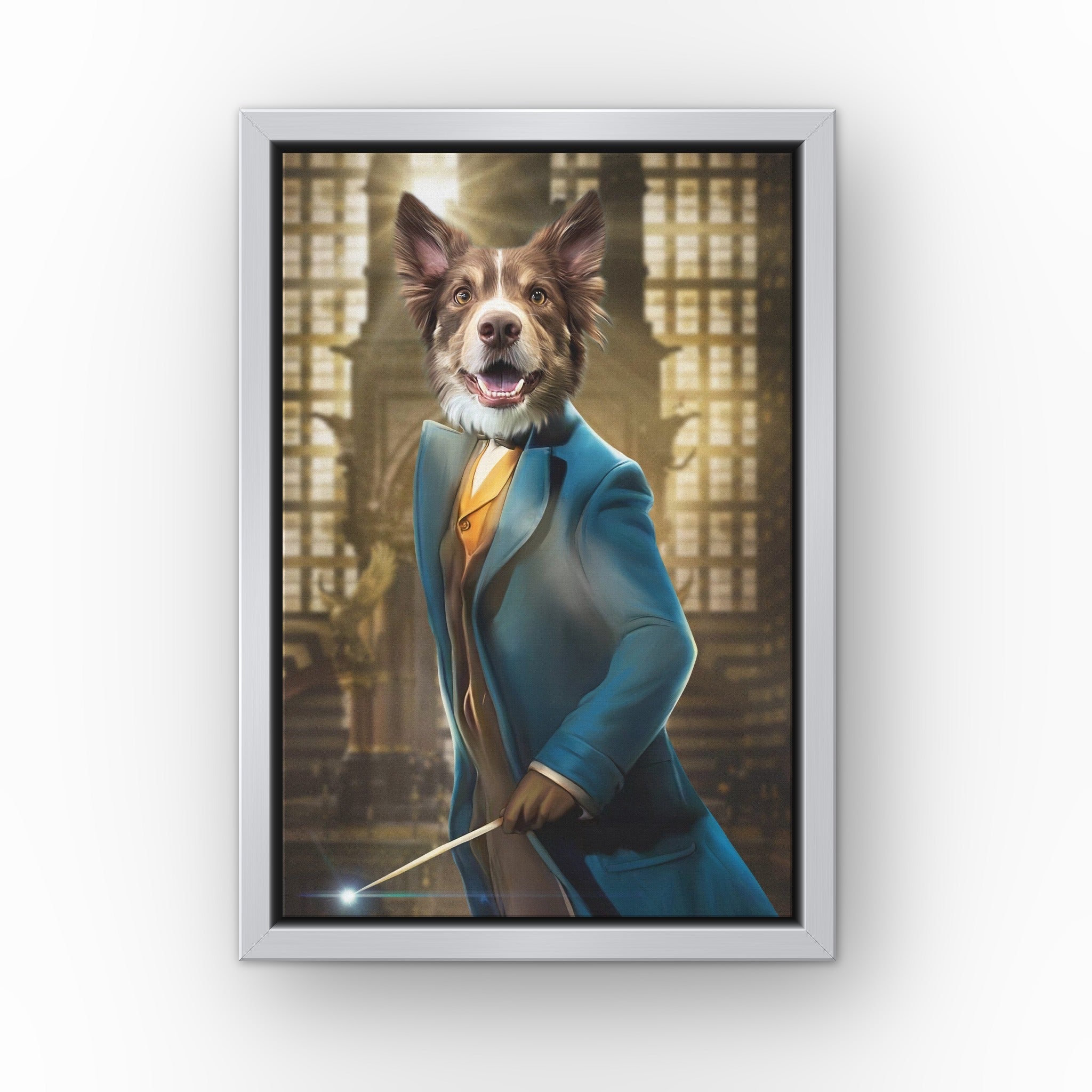 The Smart Wizard custom pet canvas in a silver floating frame