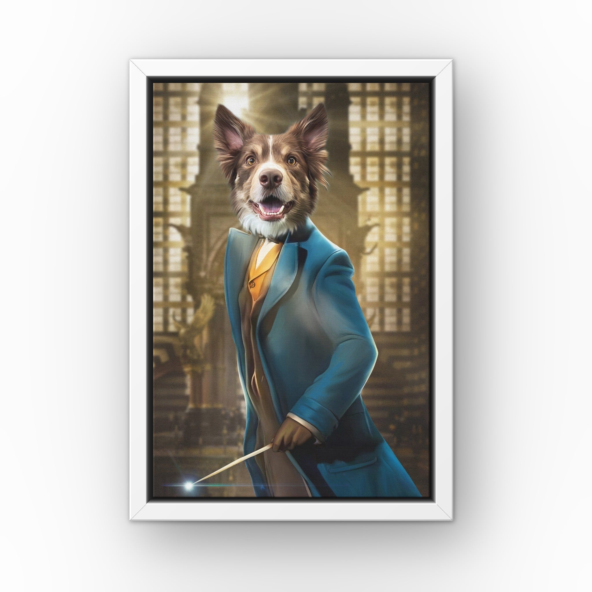 The Smart Wizard custom pet canvas in a white floating frame