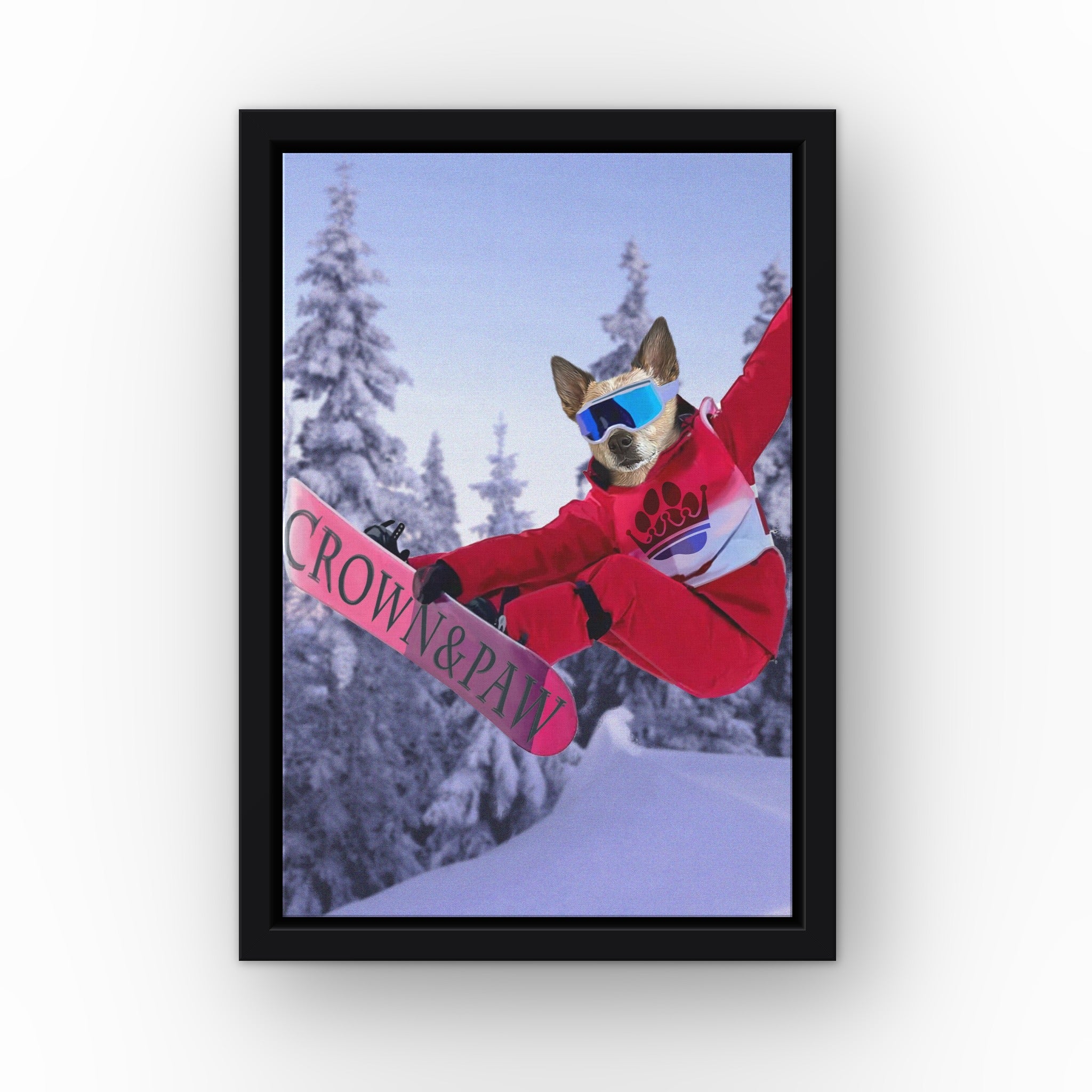 The Snowboarder custom pet canvas in a black floating frame