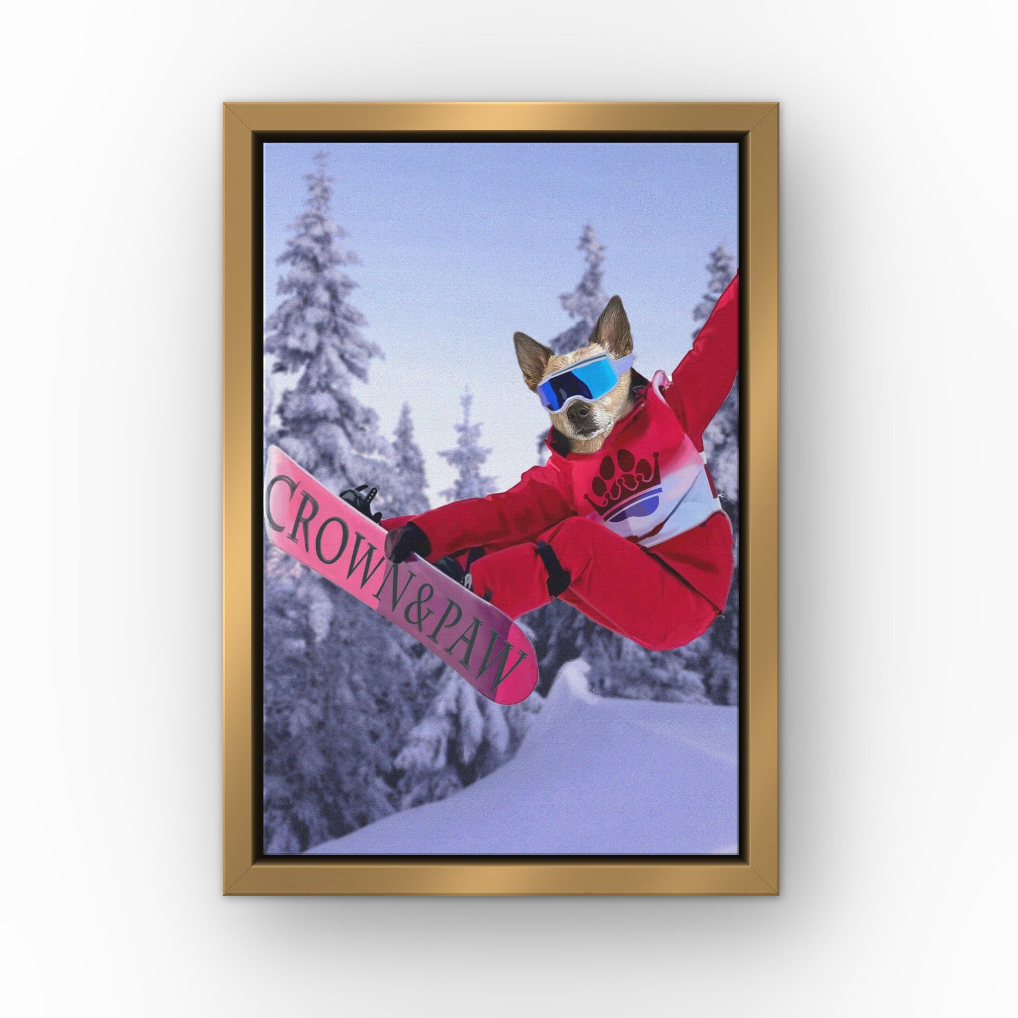 The Snowboarder custom pet canvas in a gold floating frame