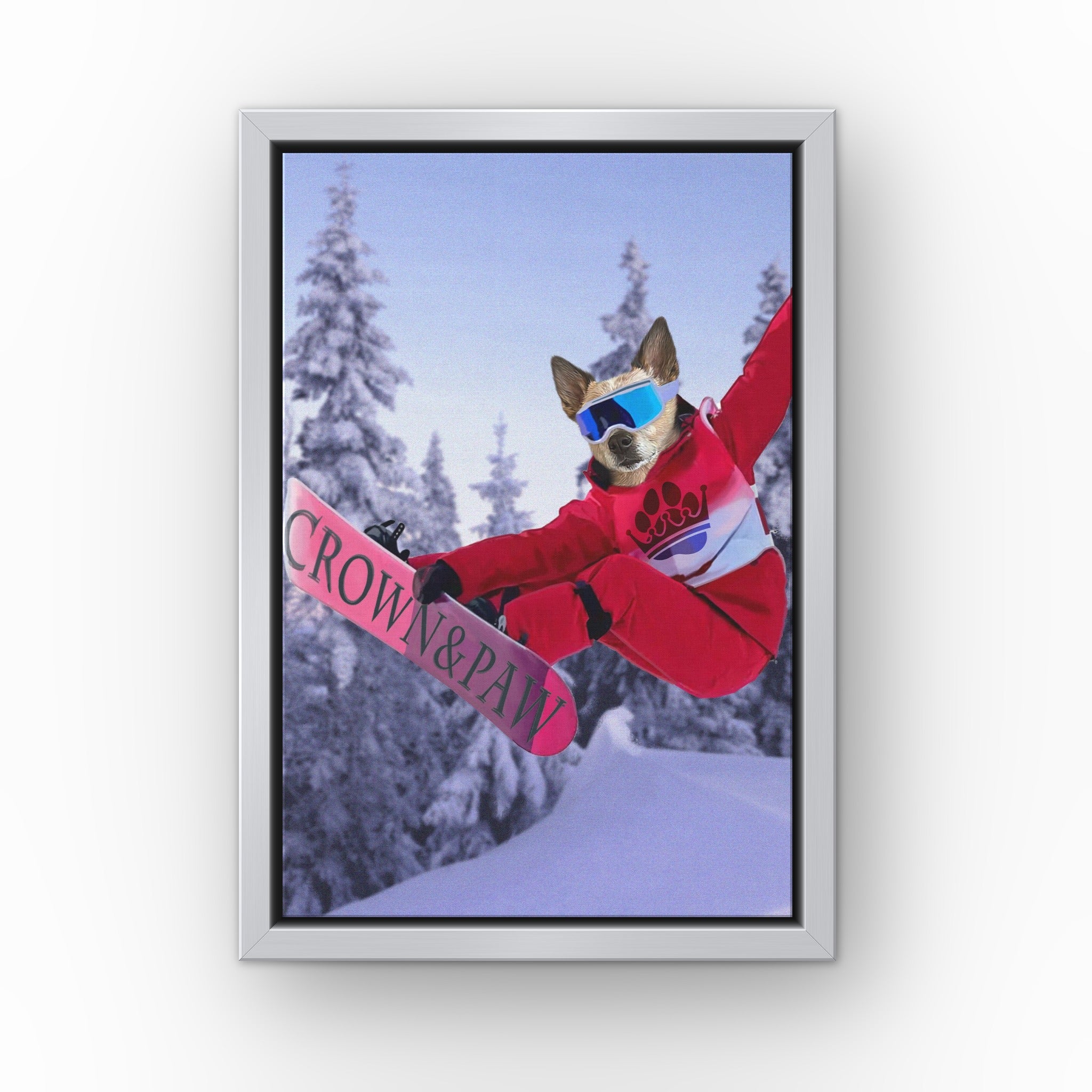 The Snowboarder custom pet canvas in a silver floating frame