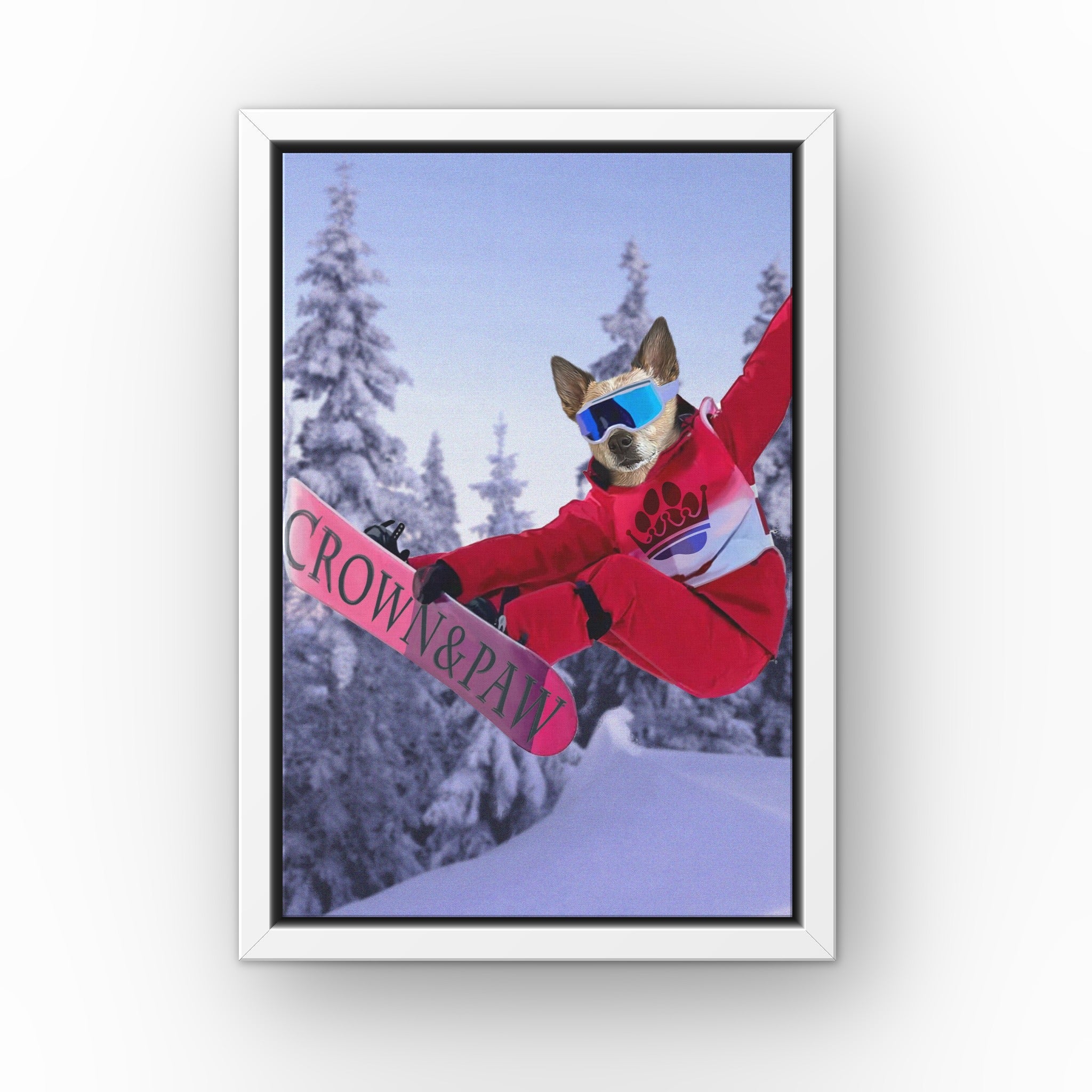 The Snowboarder custom pet canvas in a white floating frame