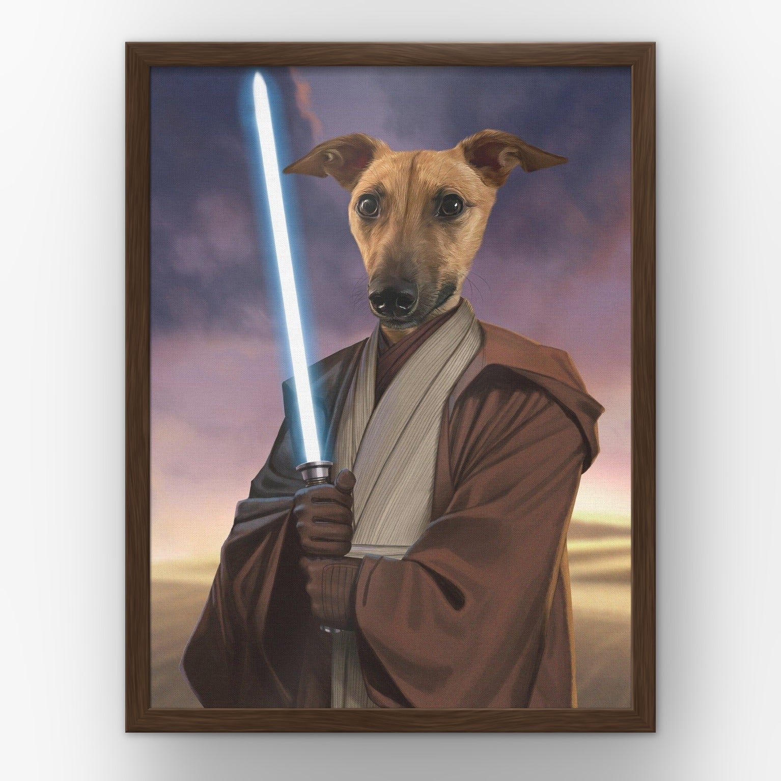 The Space General custom pet poster in a walnut frame