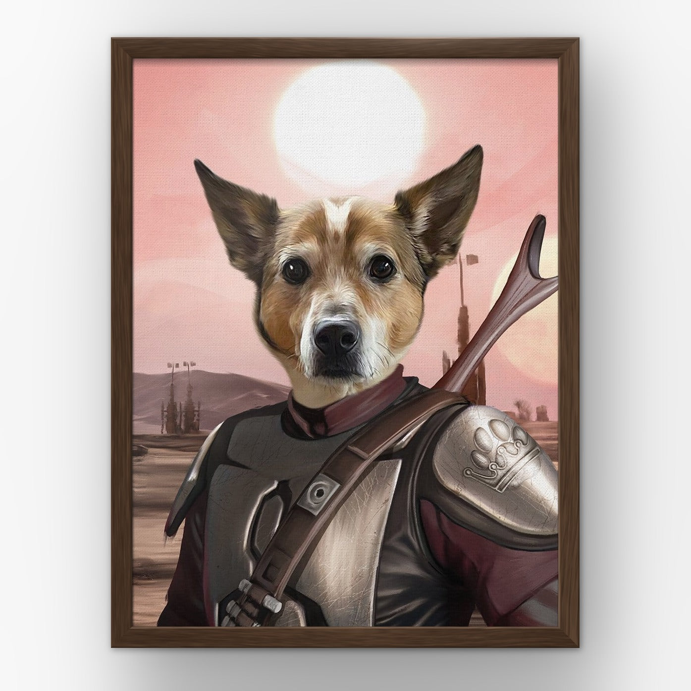 The Space Hunter custom pet poster in a walnut frame
