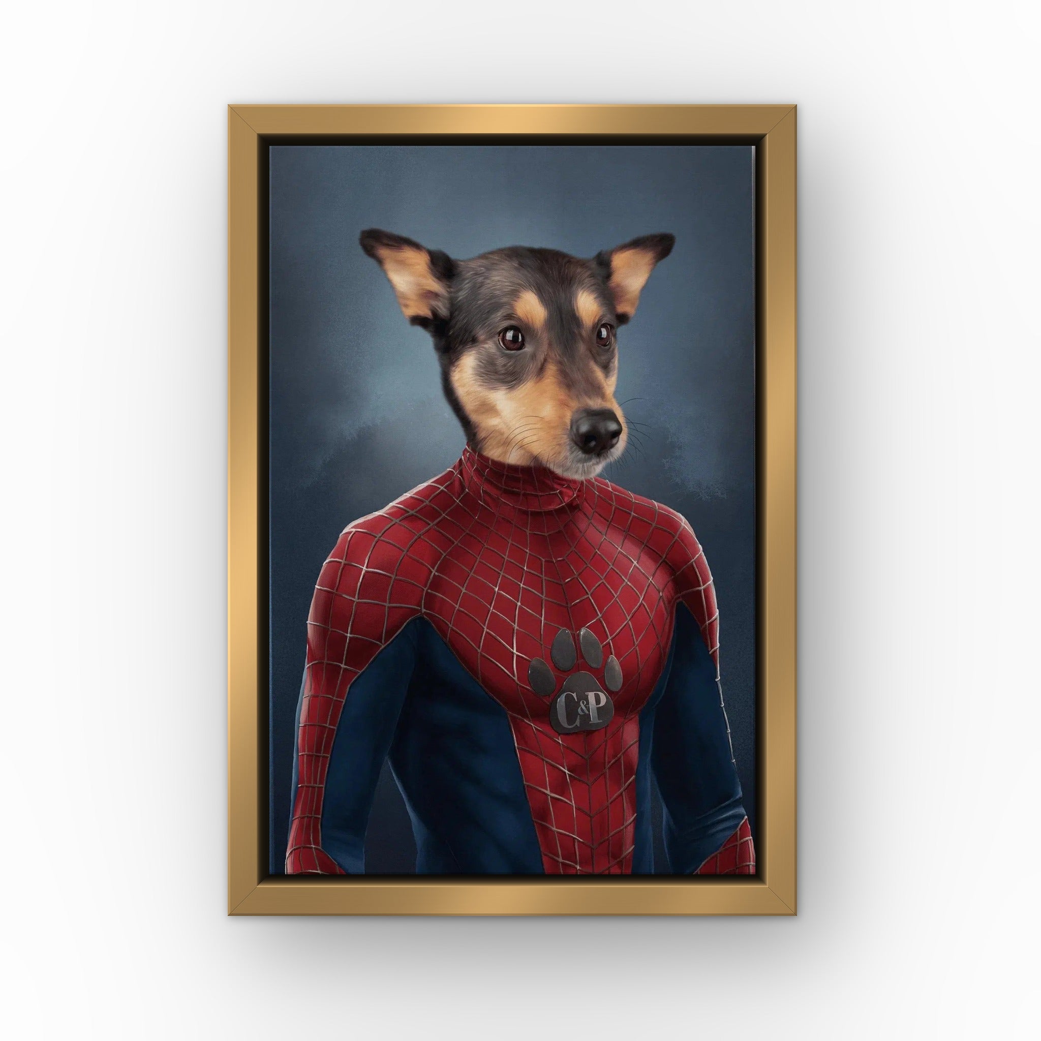 The Spiderpet custom pet canvas in a gold floating frame