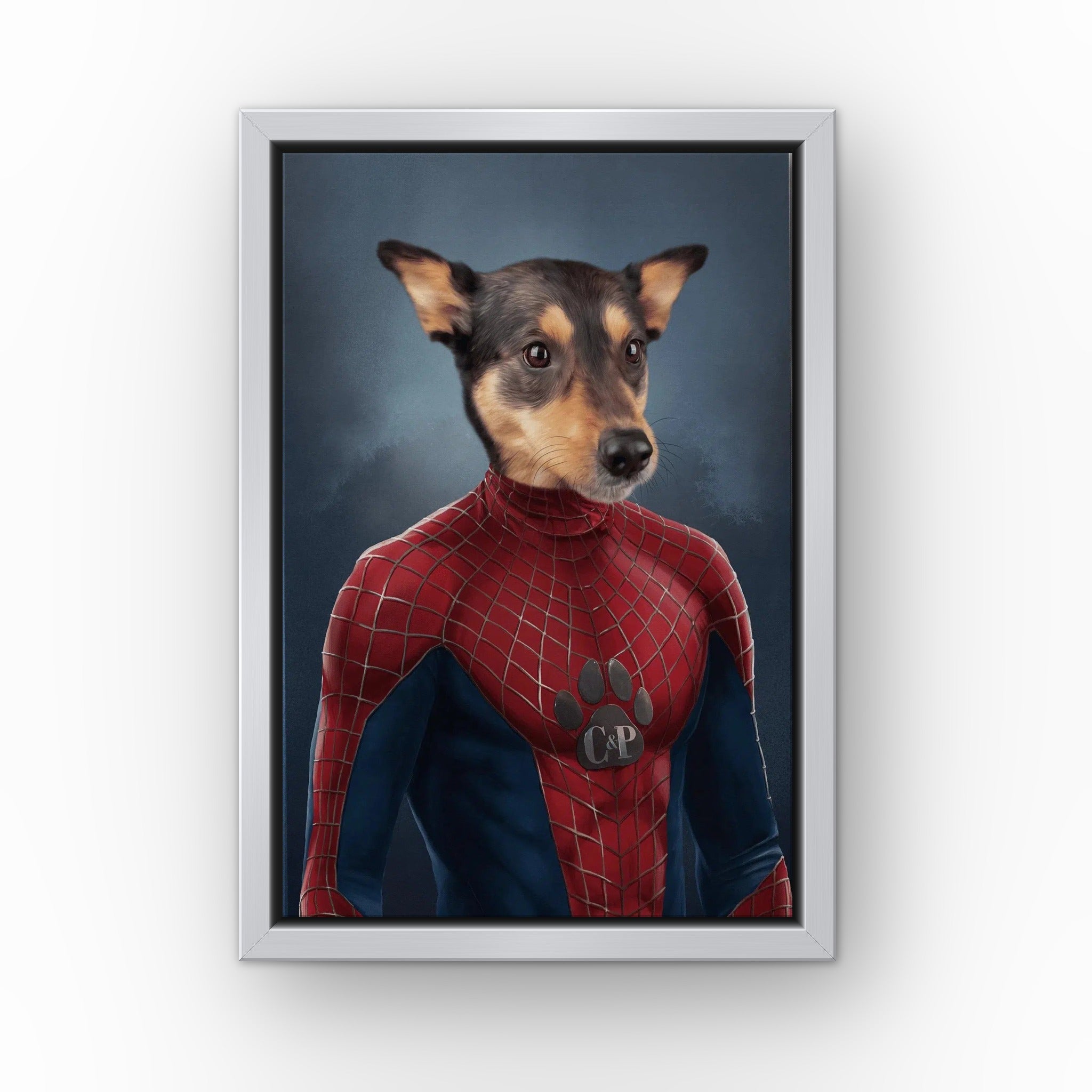 The Spiderpet custom pet canvas in a silver floating frame
