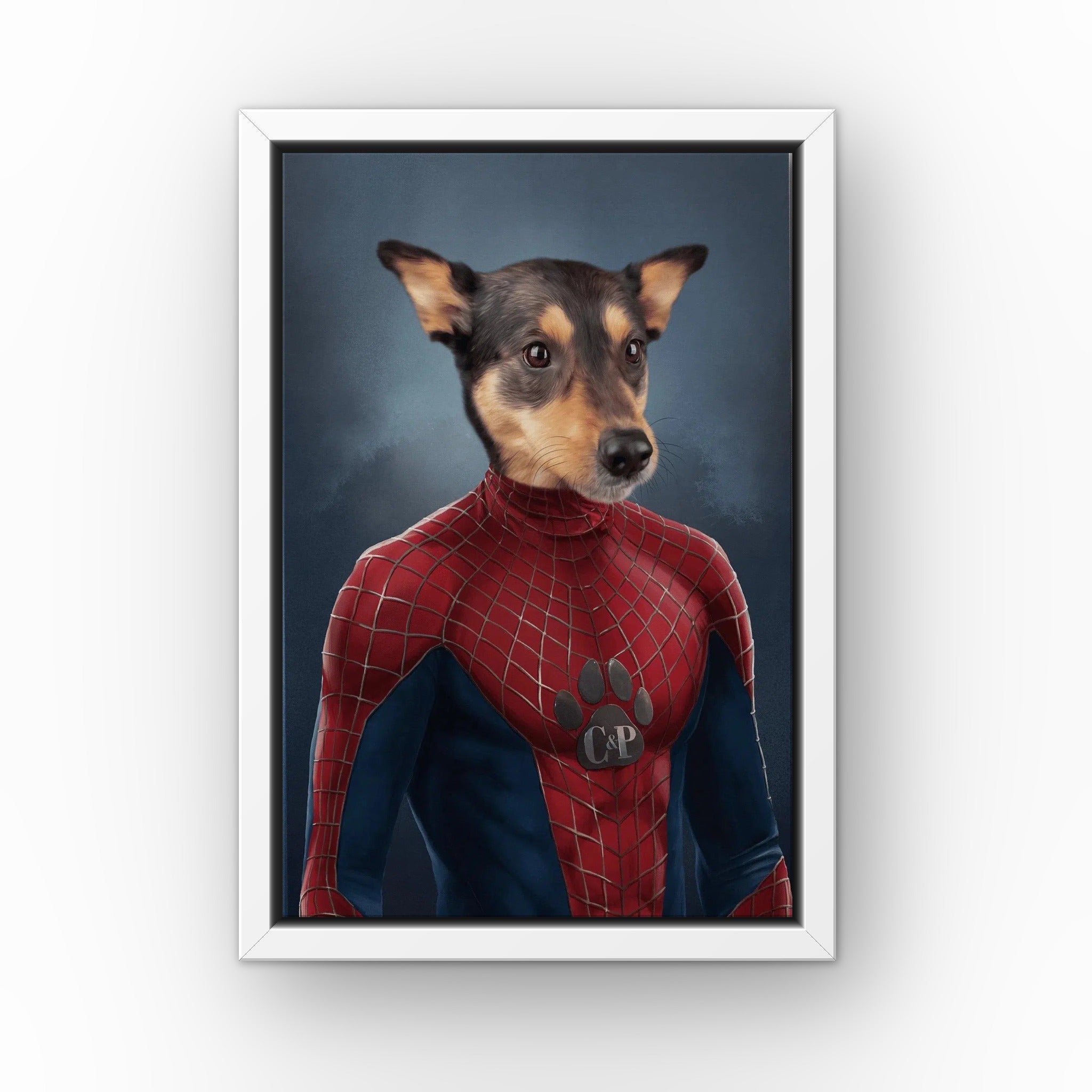 The Spiderpet custom pet canvas in a white floating frame