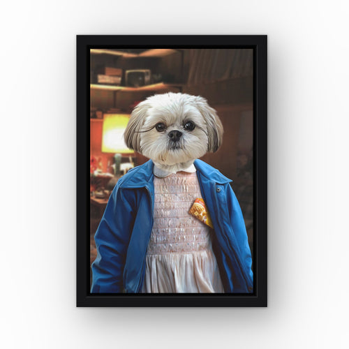 The Strange Girl (Basement) custom pet canvas in a black floating frame