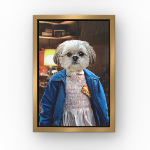 The Strange Girl (Basement) custom pet canvas in a gold floating frame