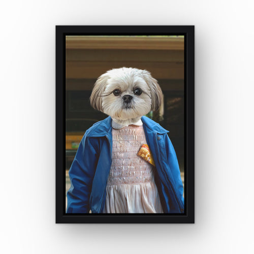 The Strange Girl (Garage) custom pet canvas in a black floating frame