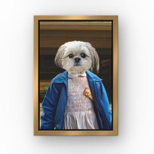 The Strange Girl (Garage) custom pet canvas in a gold floating frame