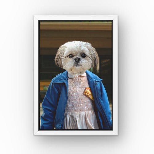 The Strange Girl (Garage) custom pet canvas in a white floating frame