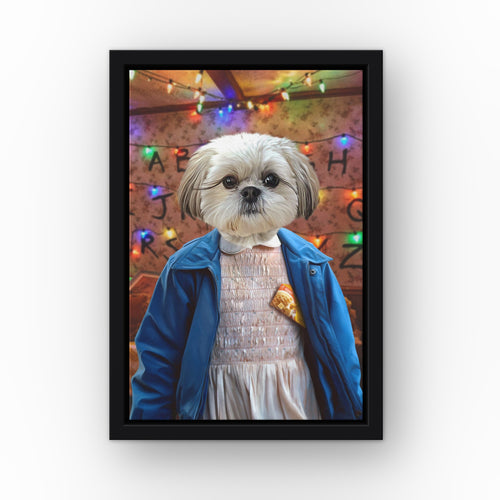 The Strange Girl (Wall of Lights) custom pet canvas in a black floating frame
