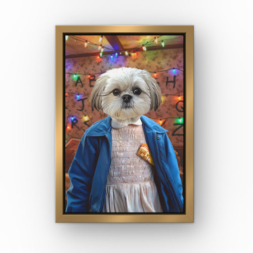 The Strange Girl (Wall of Lights) custom pet canvas in a gold floating frame