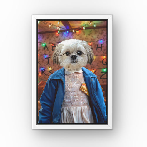 The Strange Girl (Wall of Lights) custom pet canvas in a white floating frame