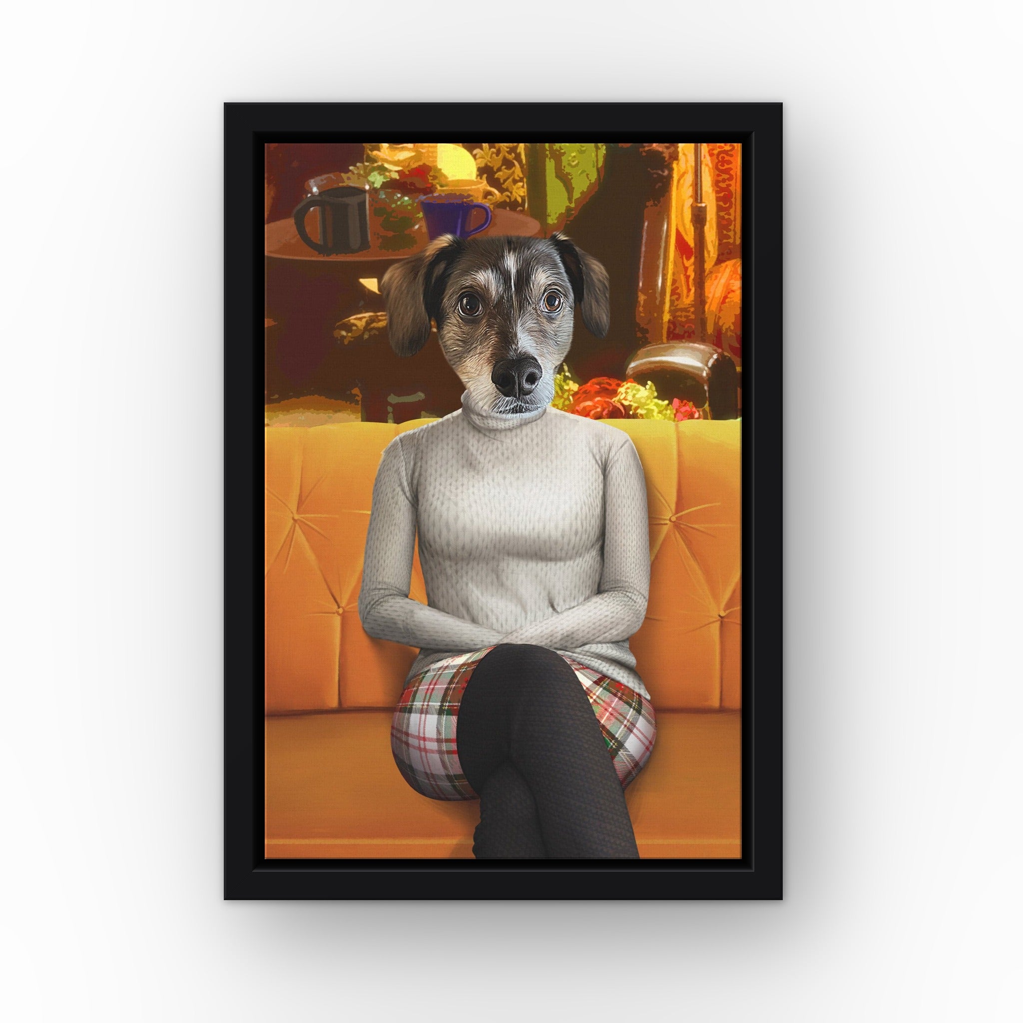 The Stylish Friend custom pet canvas in a black floating frame