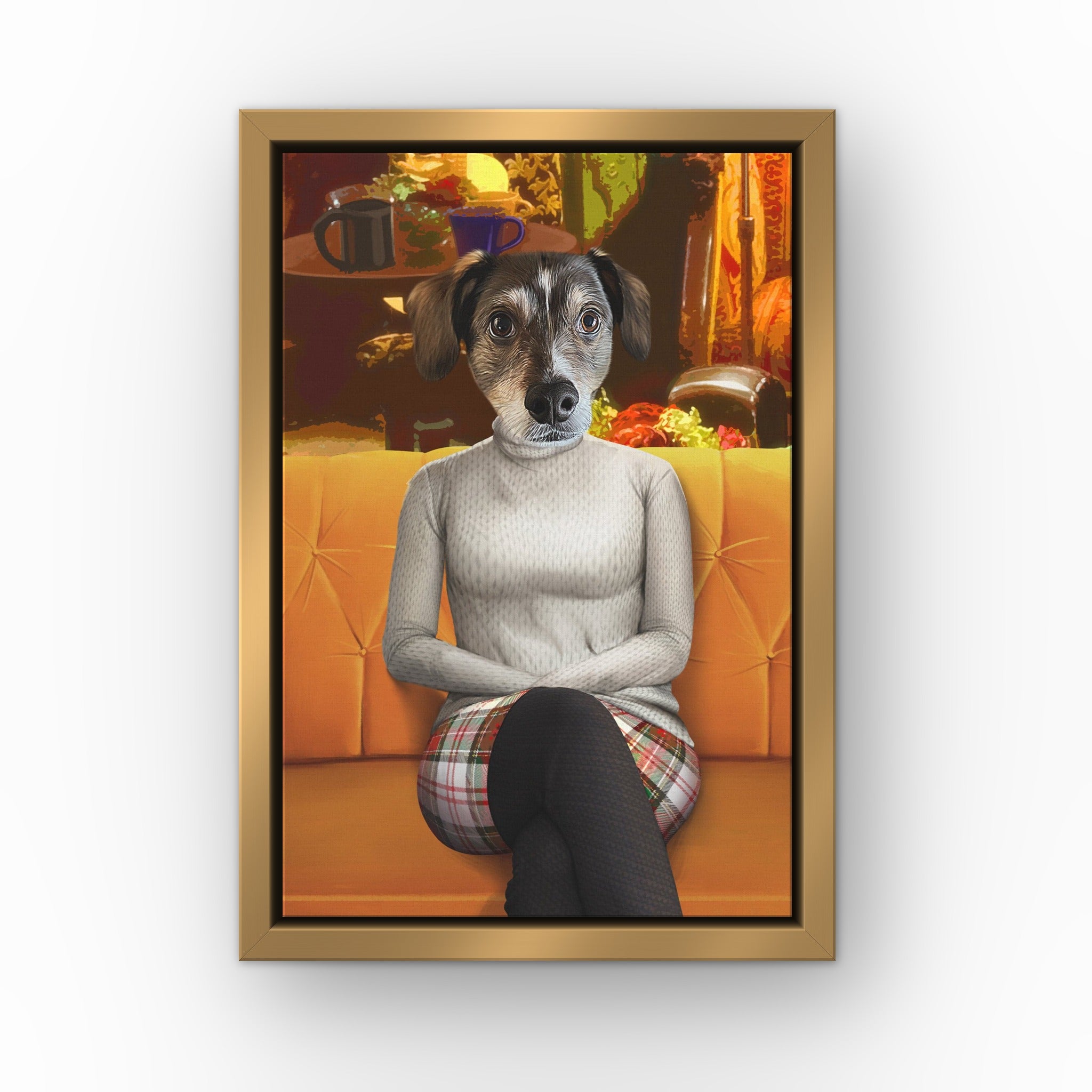 The Stylish Friend custom pet canvas in a gold floating frame
