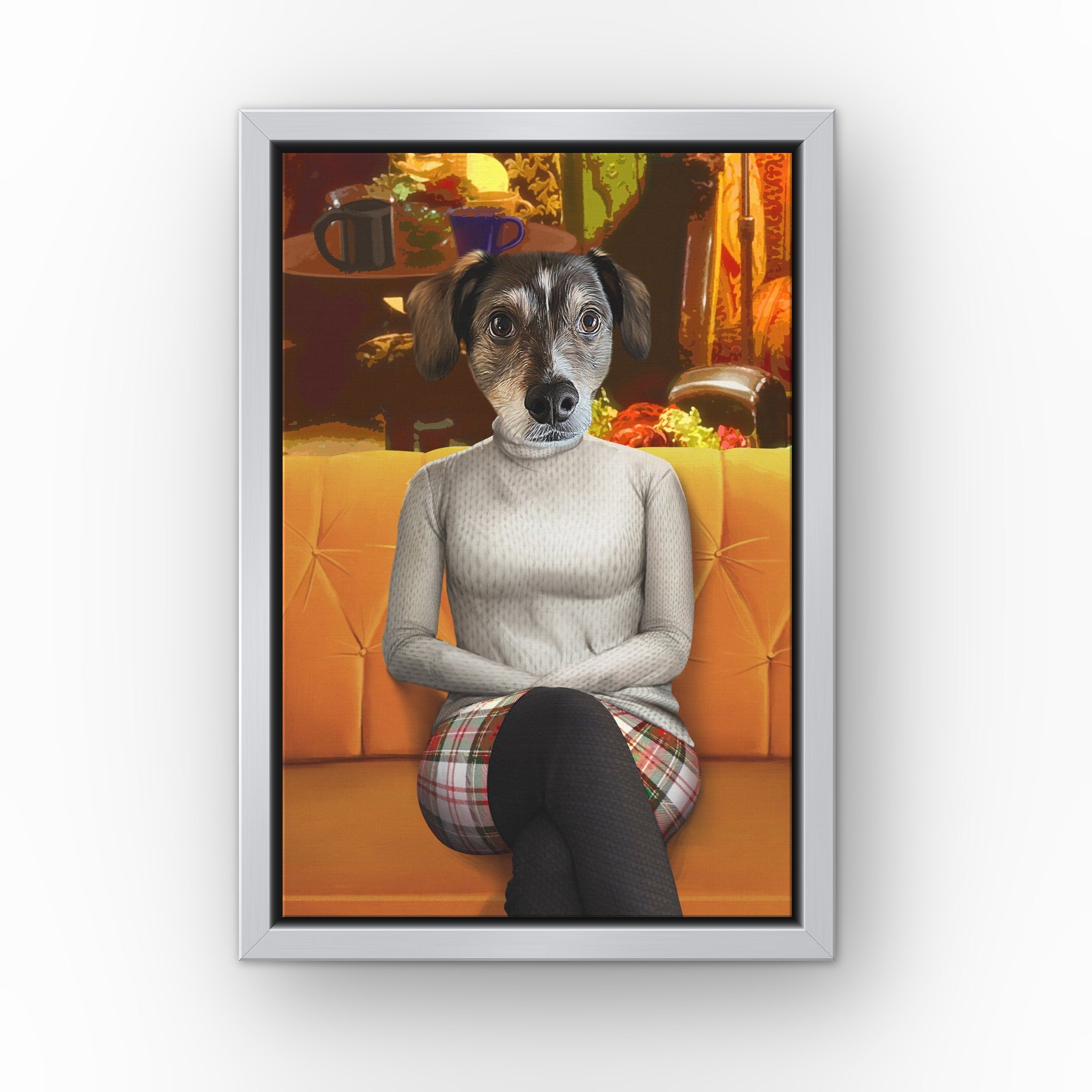 The Stylish Friend custom pet canvas in a silver floating frame