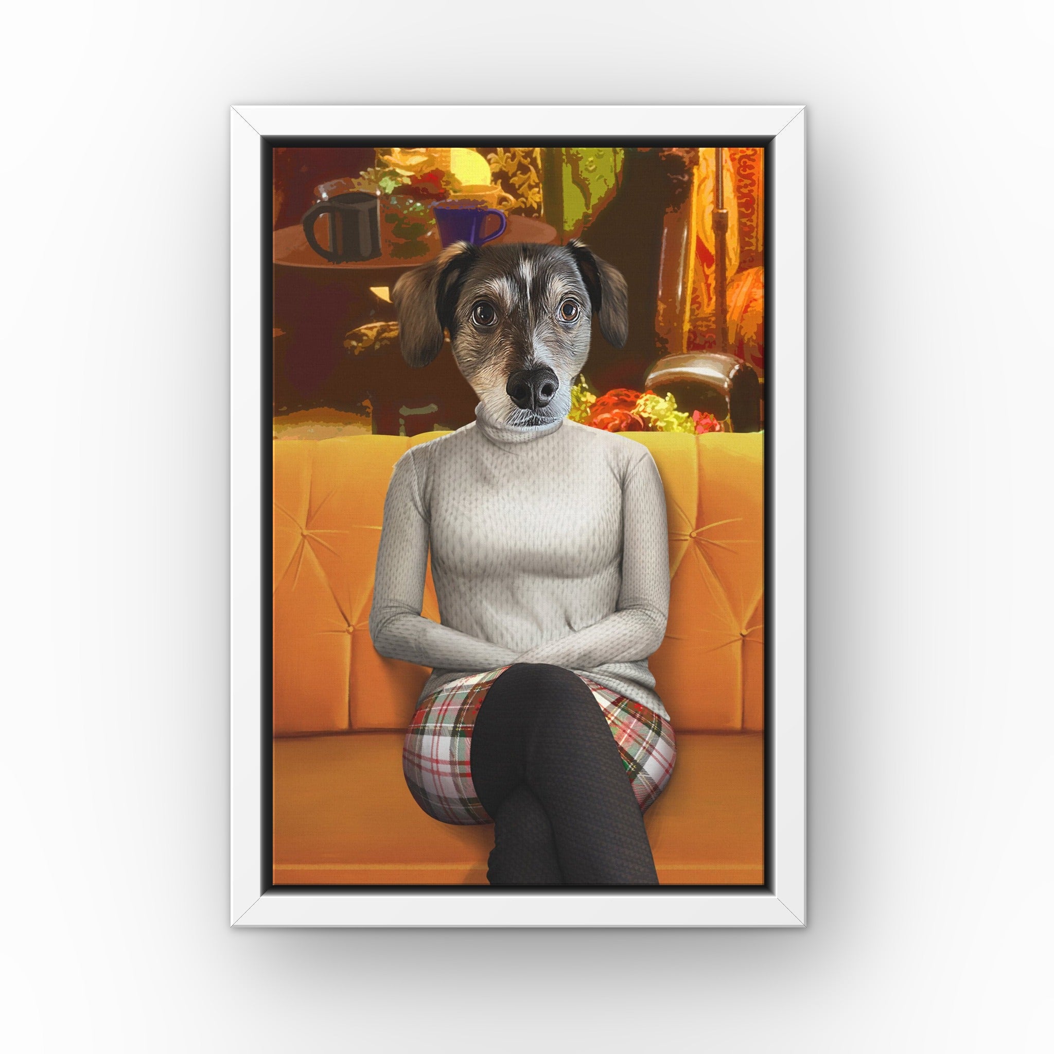 The Stylish Friend custom pet canvas in a white floating frame