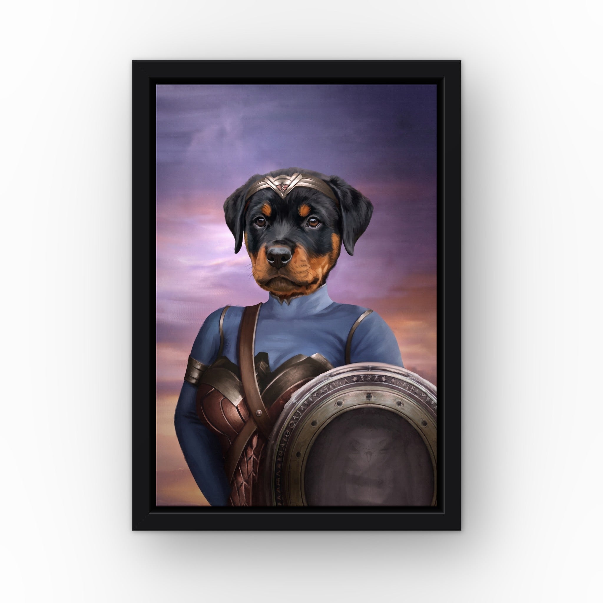 The Super Princess custom pet canvas in a black floating frame