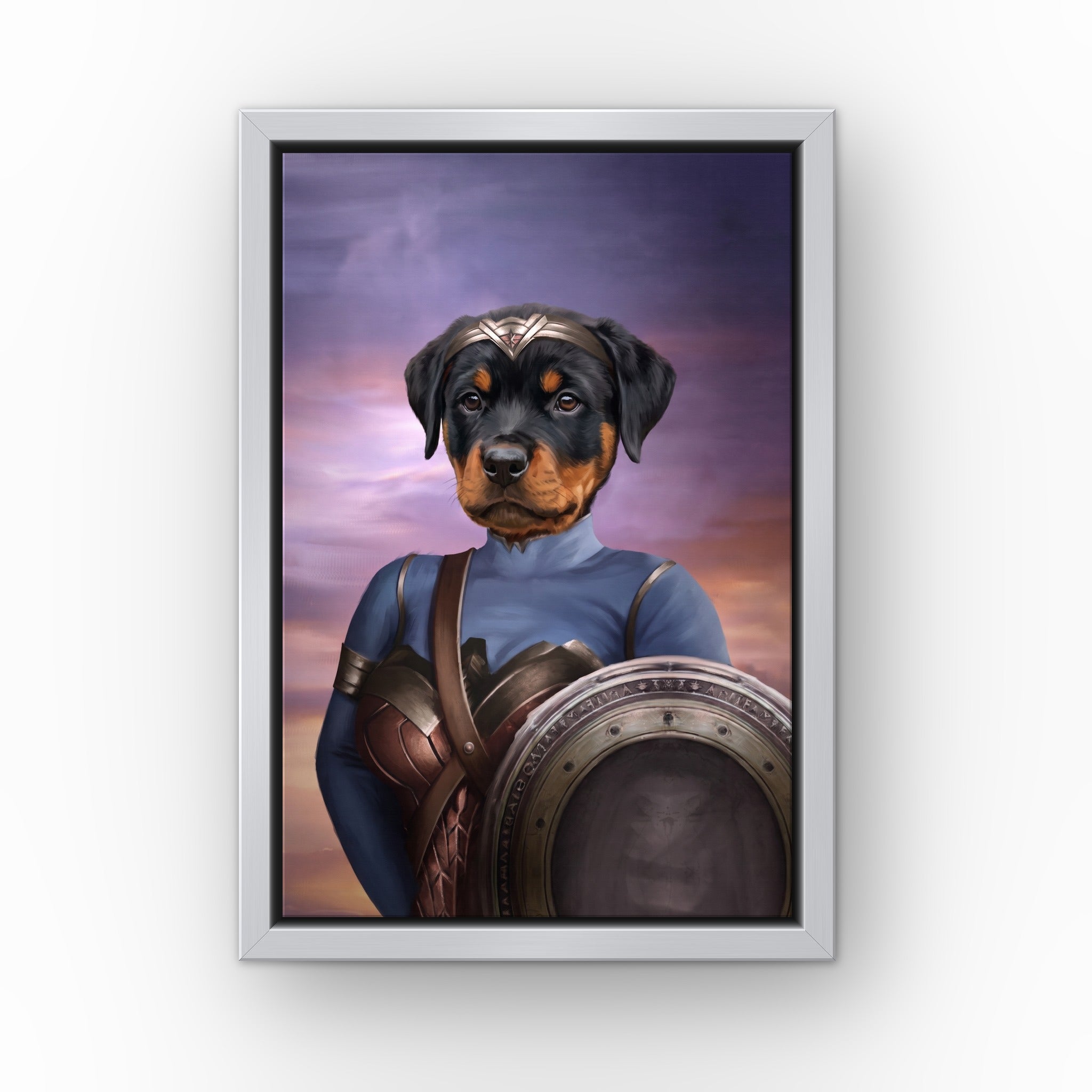 The Super Princess custom pet canvas in a silver floating frame