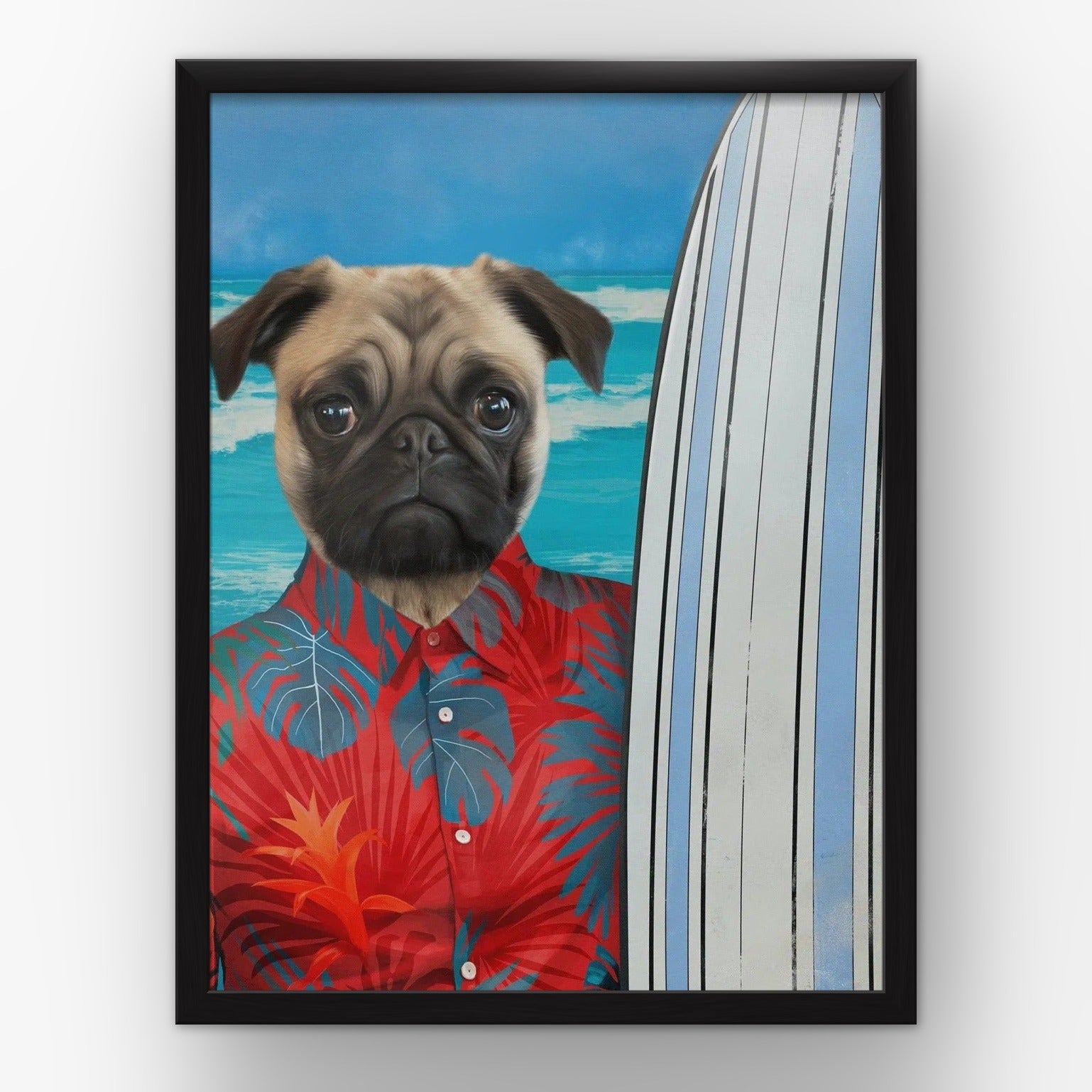 The Surfer (red) custom pet poster in a black frame