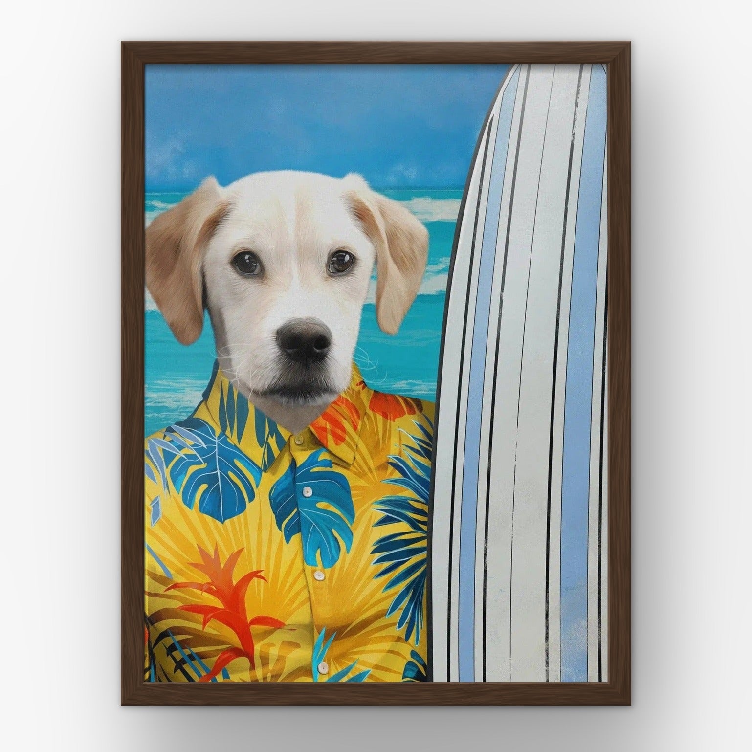 The Surfer (yellow) custom pet poster in a walnut frame
