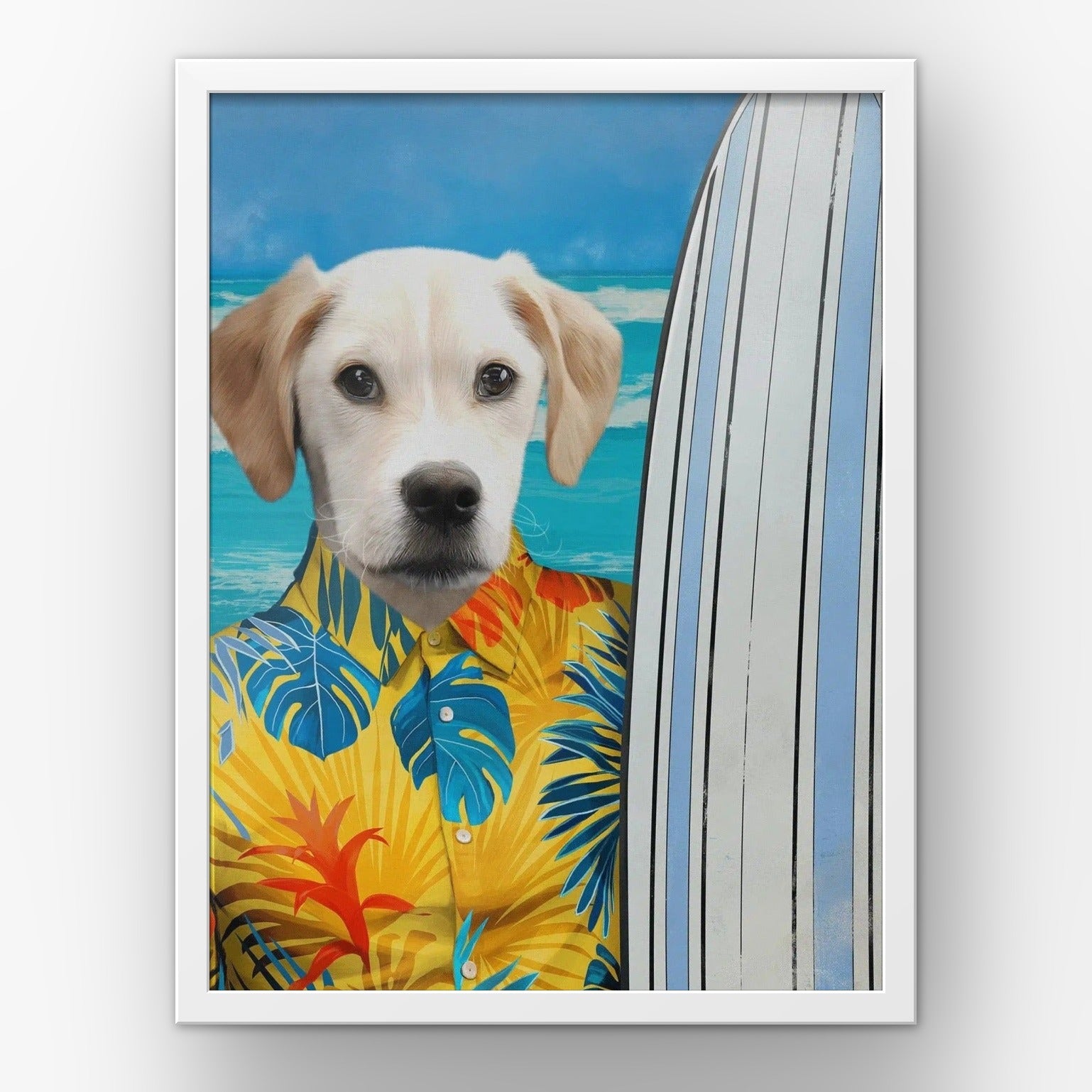 The Surfer (yellow) custom pet poster in a white frame