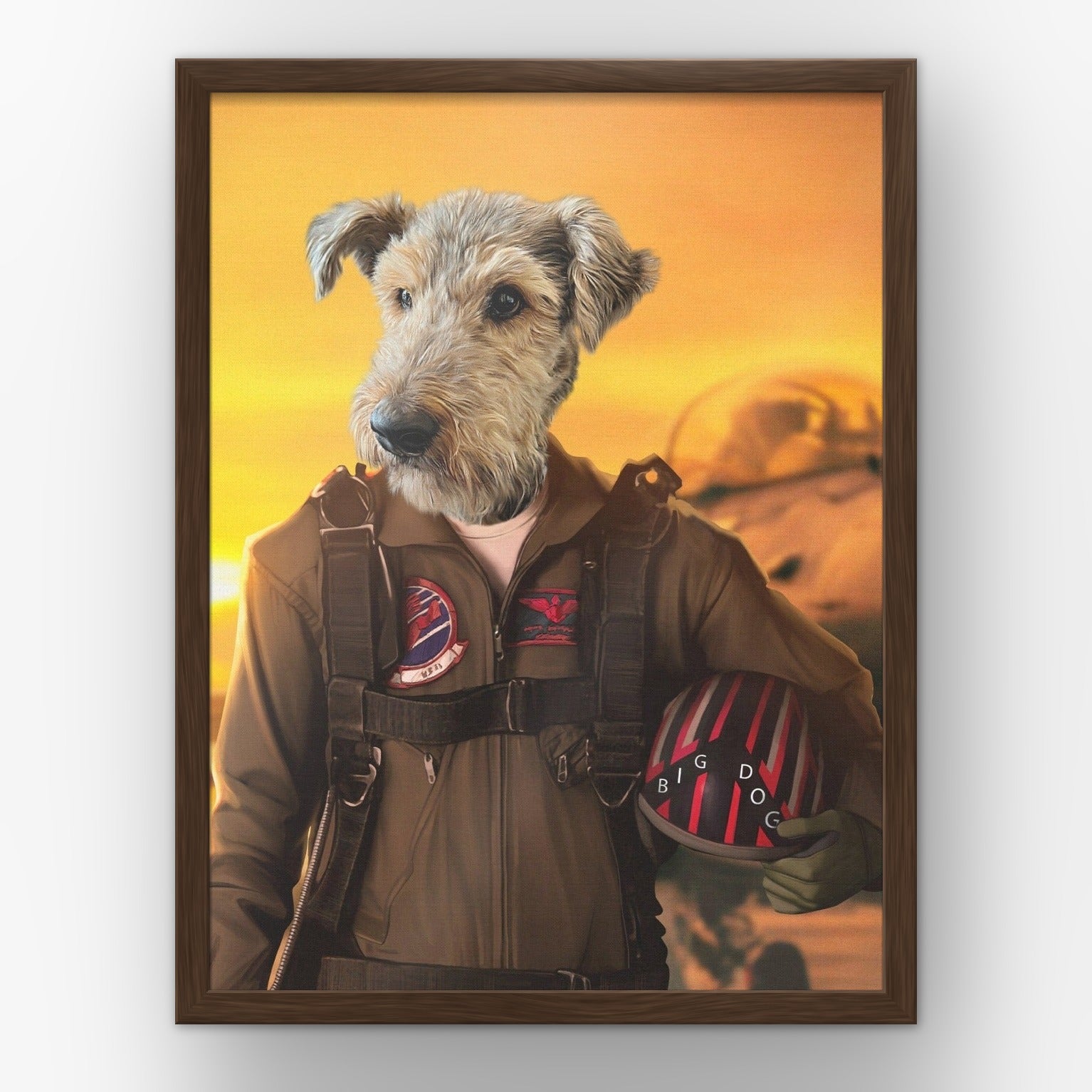 The Top Pilot custom pet poster in a walnut frame