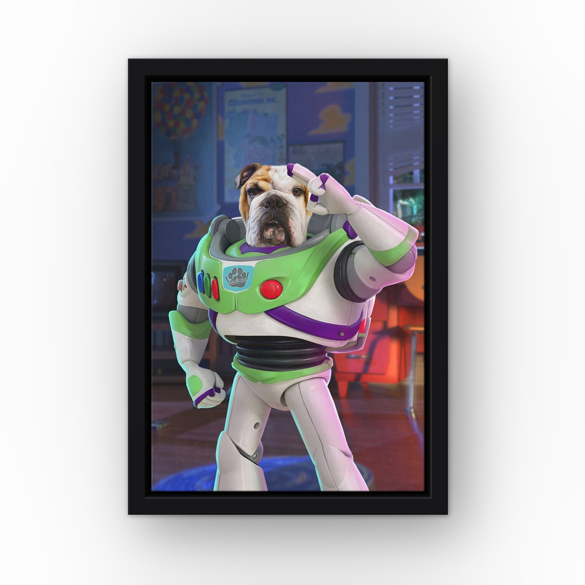 The Toy Astronaut custom pet canvas in a black floating frame