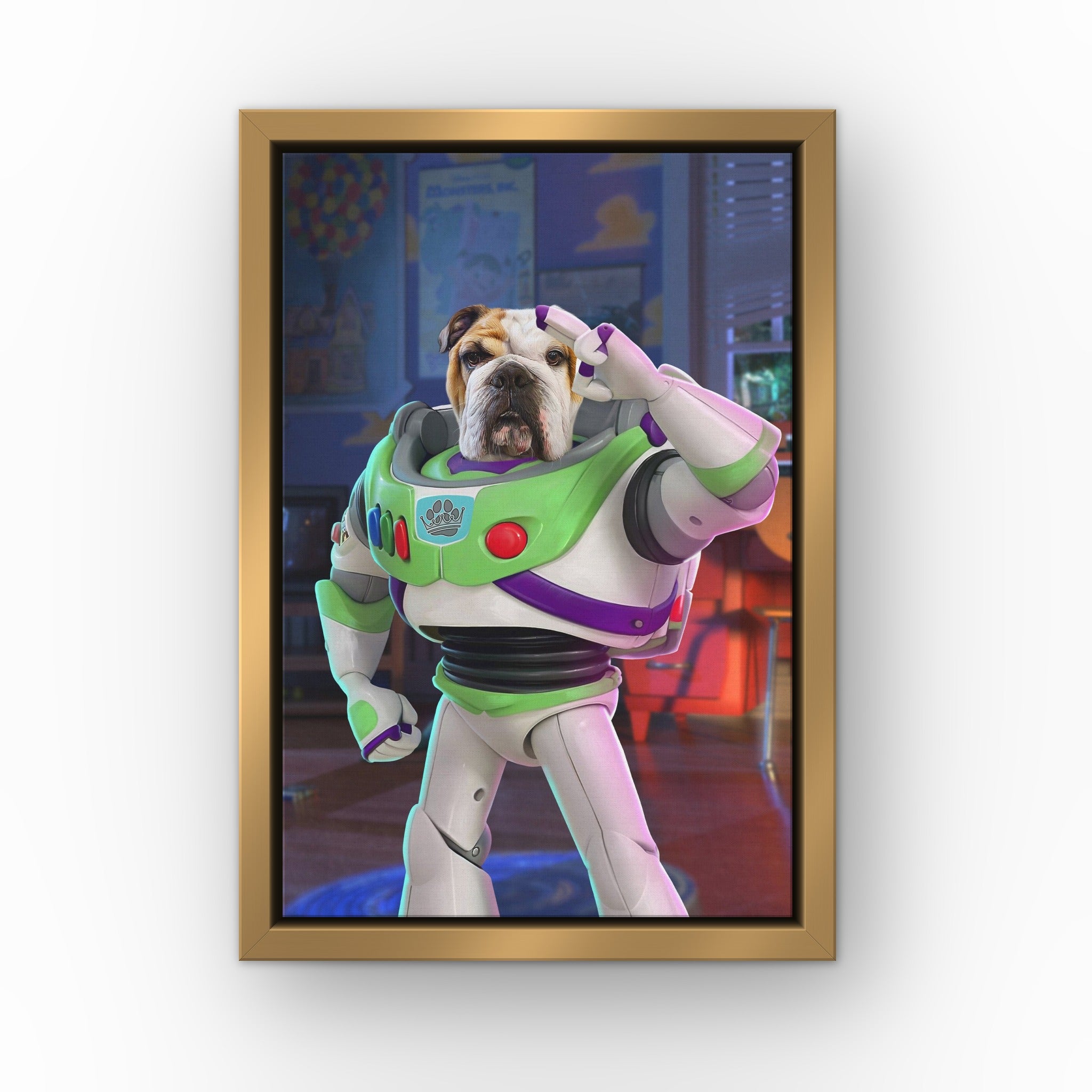 The Toy Astronaut custom pet canvas in a gold floating frame