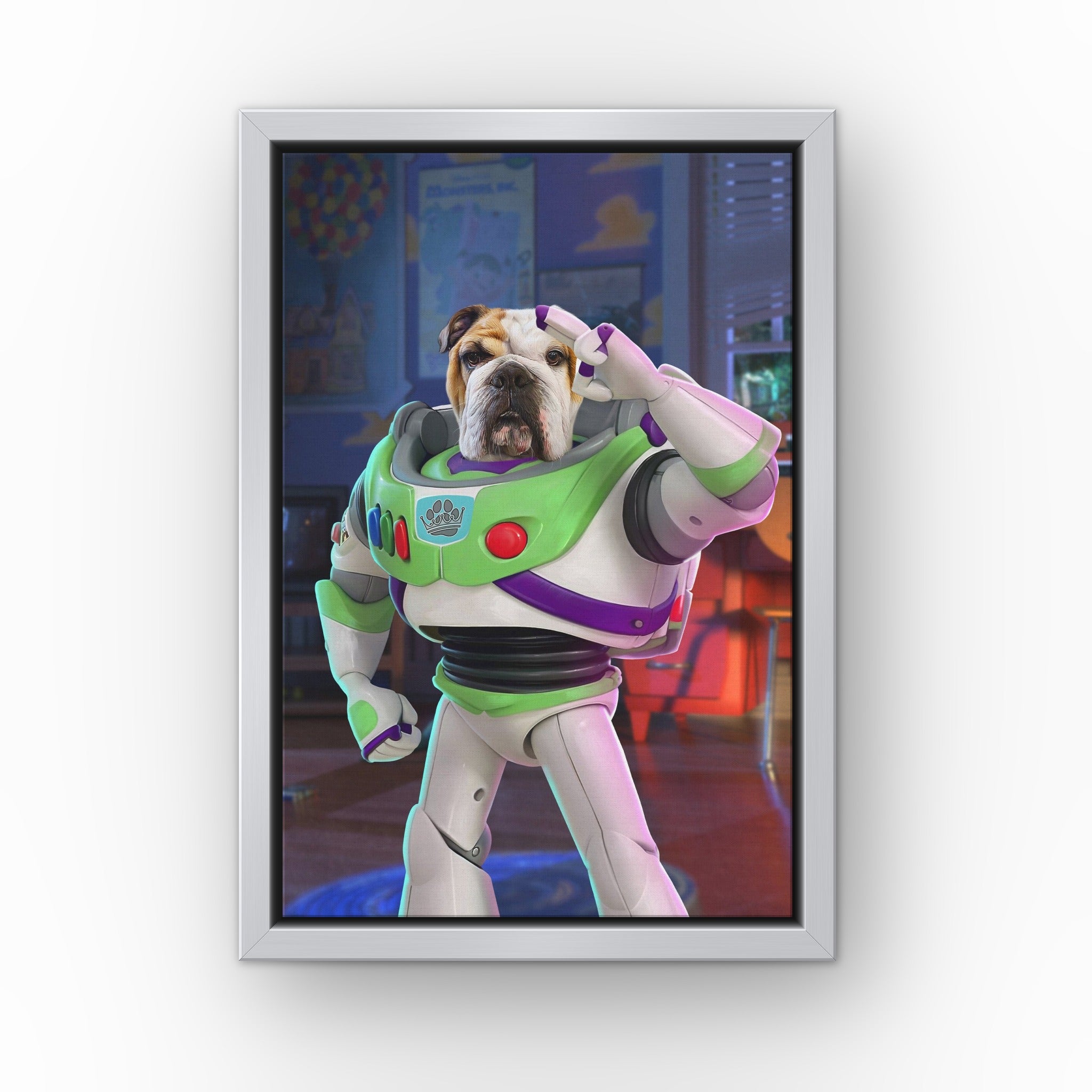The Toy Astronaut custom pet canvas in a silver floating frame