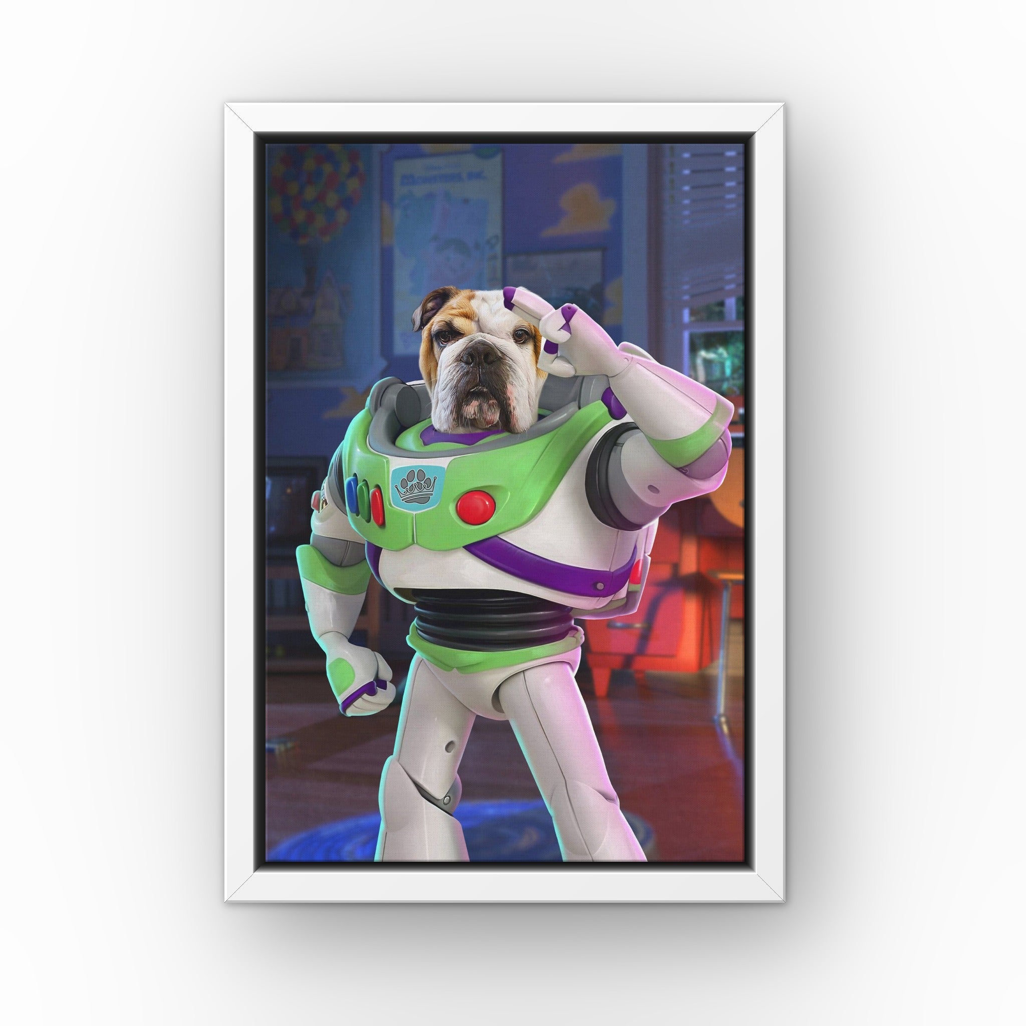 The Toy Astronaut custom pet canvas in a white floating frame