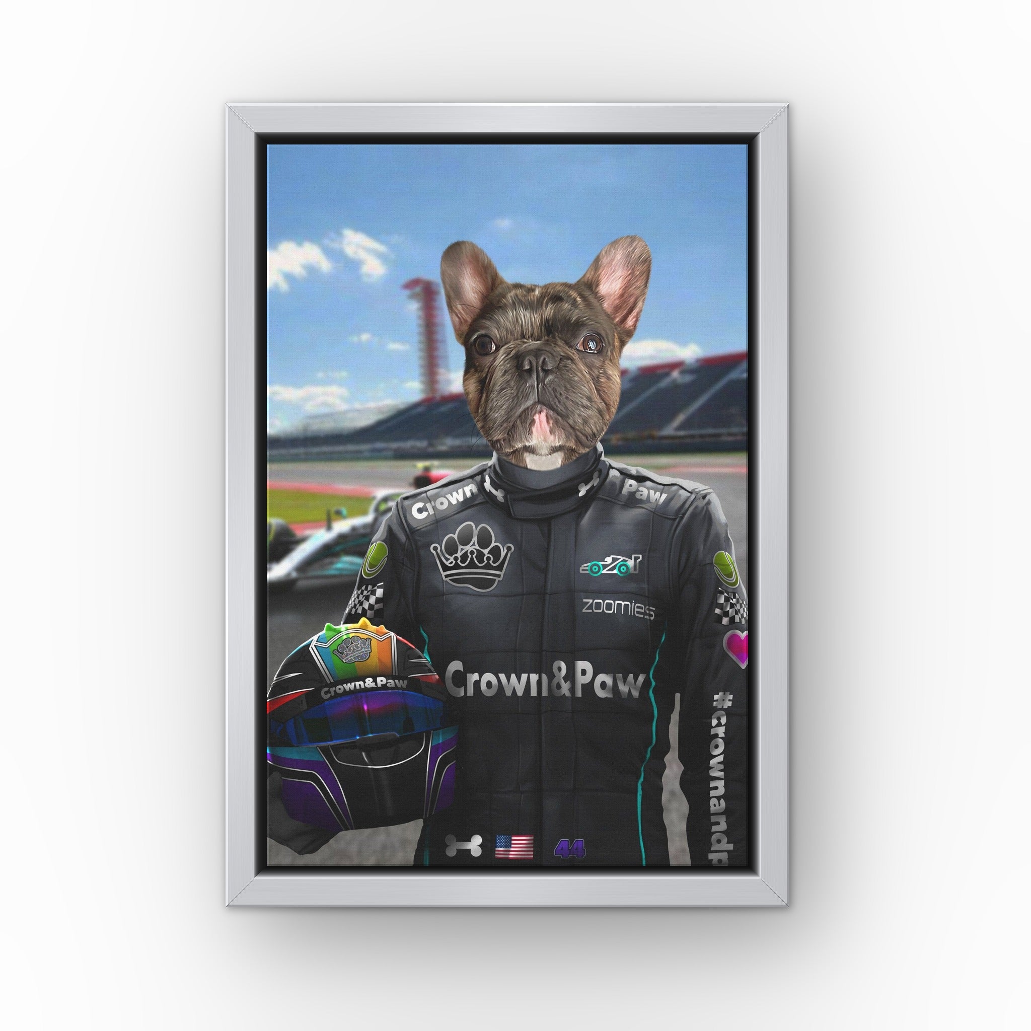 The Veteran Driver custom pet canvas in a silver floating frame